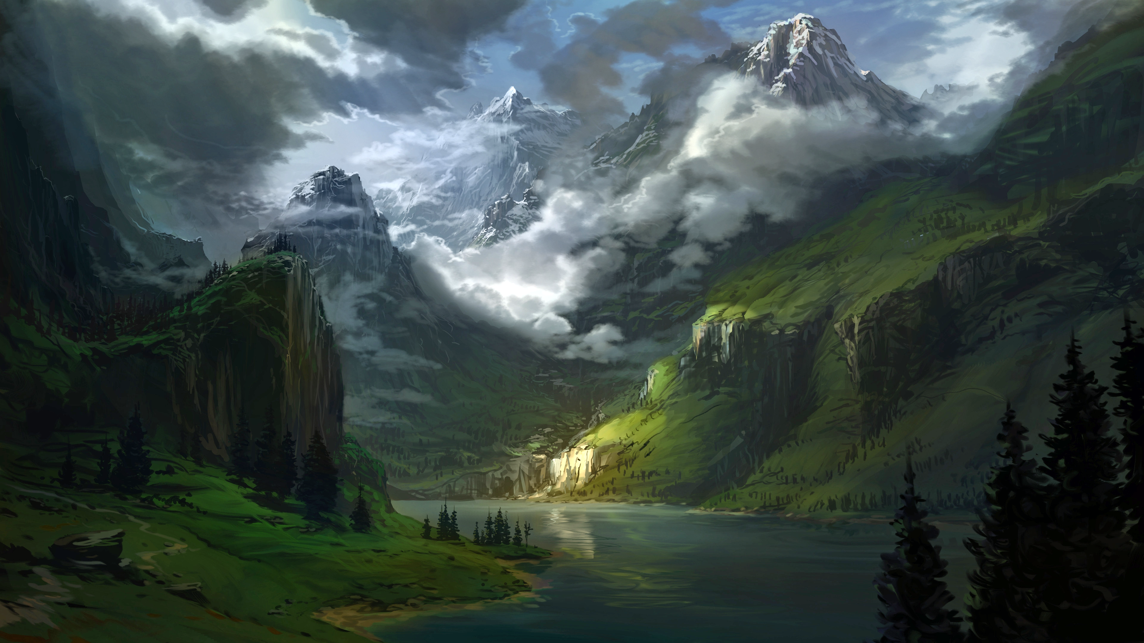 Mountains Lake Digital Art Landscape Shadow Clouds Valley Trees 3840x2160