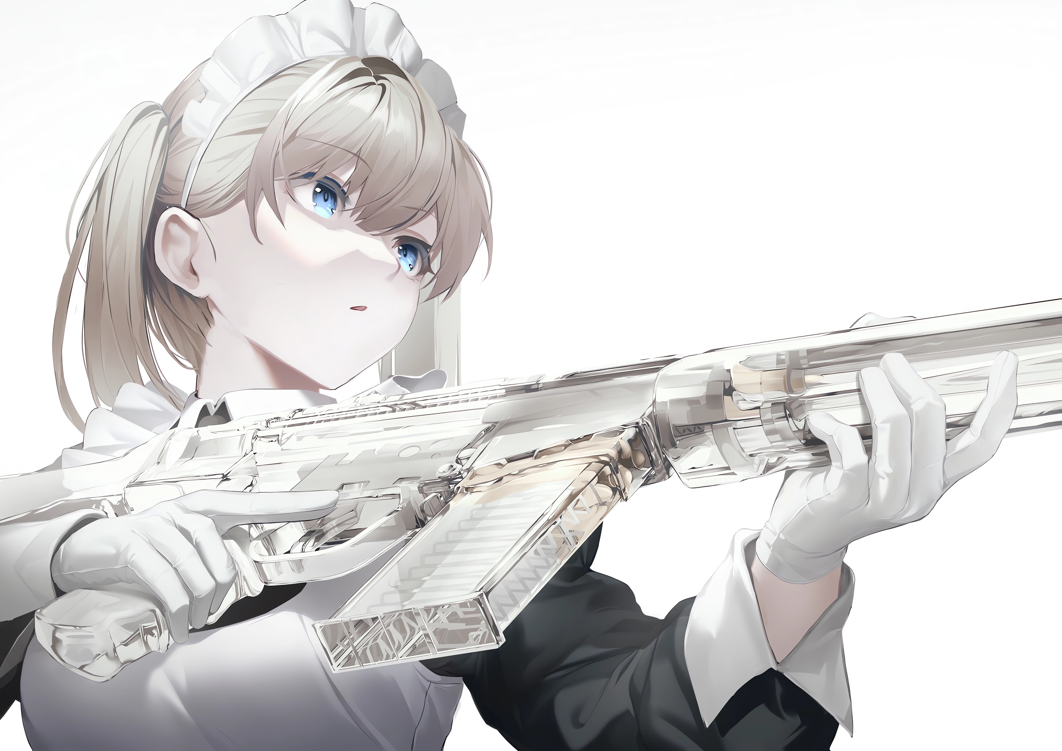 Anime Anime Girls Original Characters Gun White Background Gloves Simple Background Maid Maid Outfit 3508x2482
