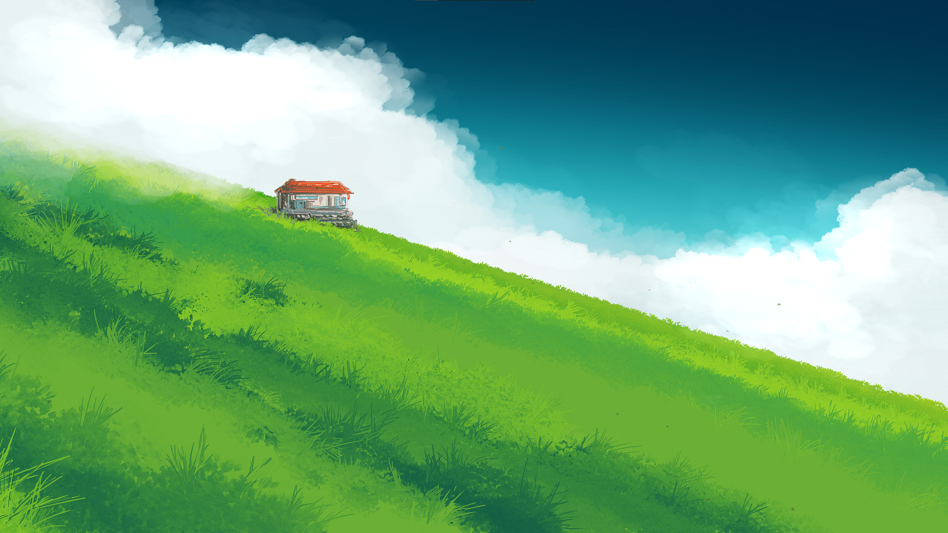 Isolated Clouds House Grass Artwork 1920x1080