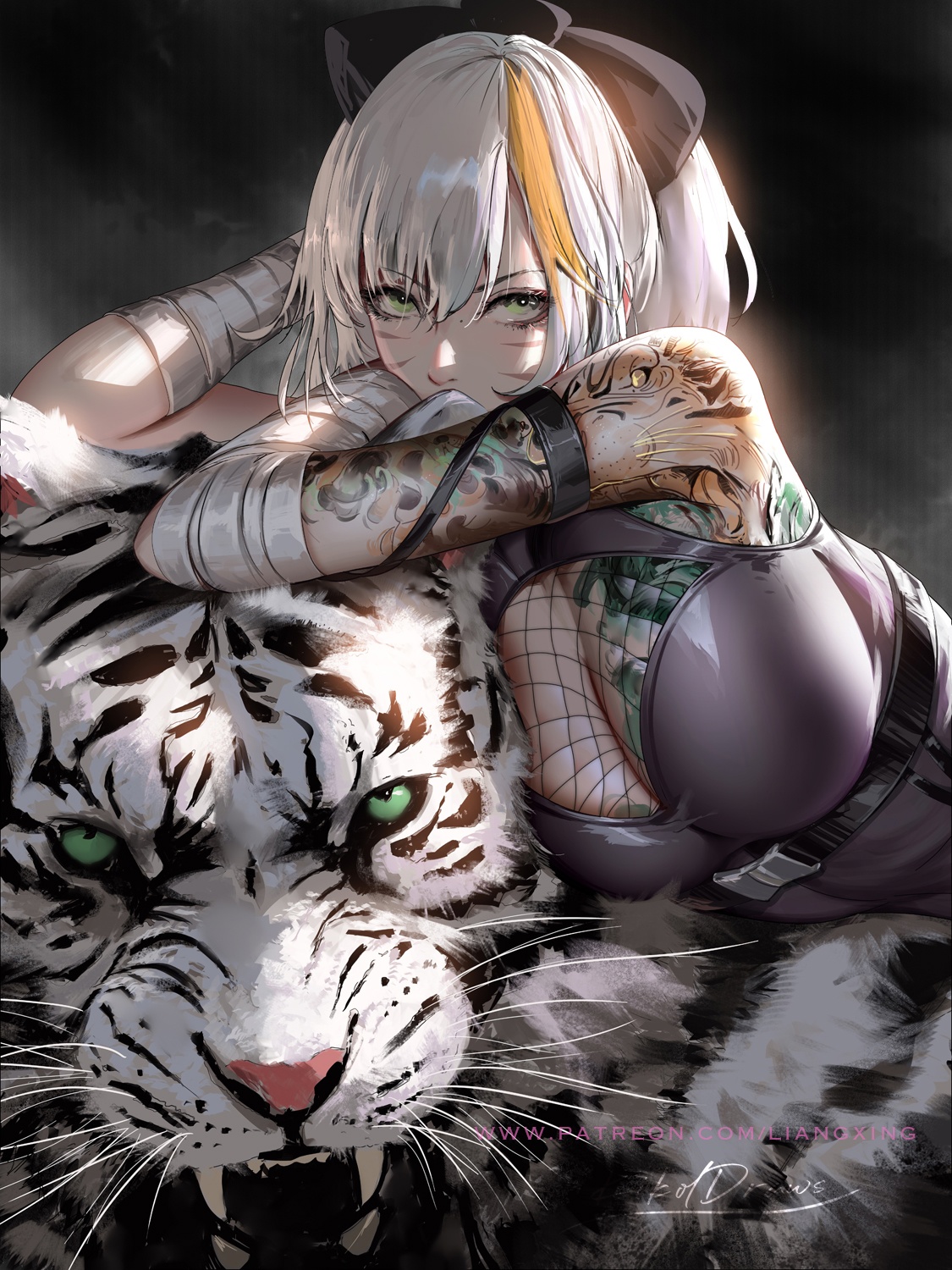 Jason Liang Digital Art Artwork Illustration Women Portrait Tiger Animals Watermarked Tattoo White H 1125x1500