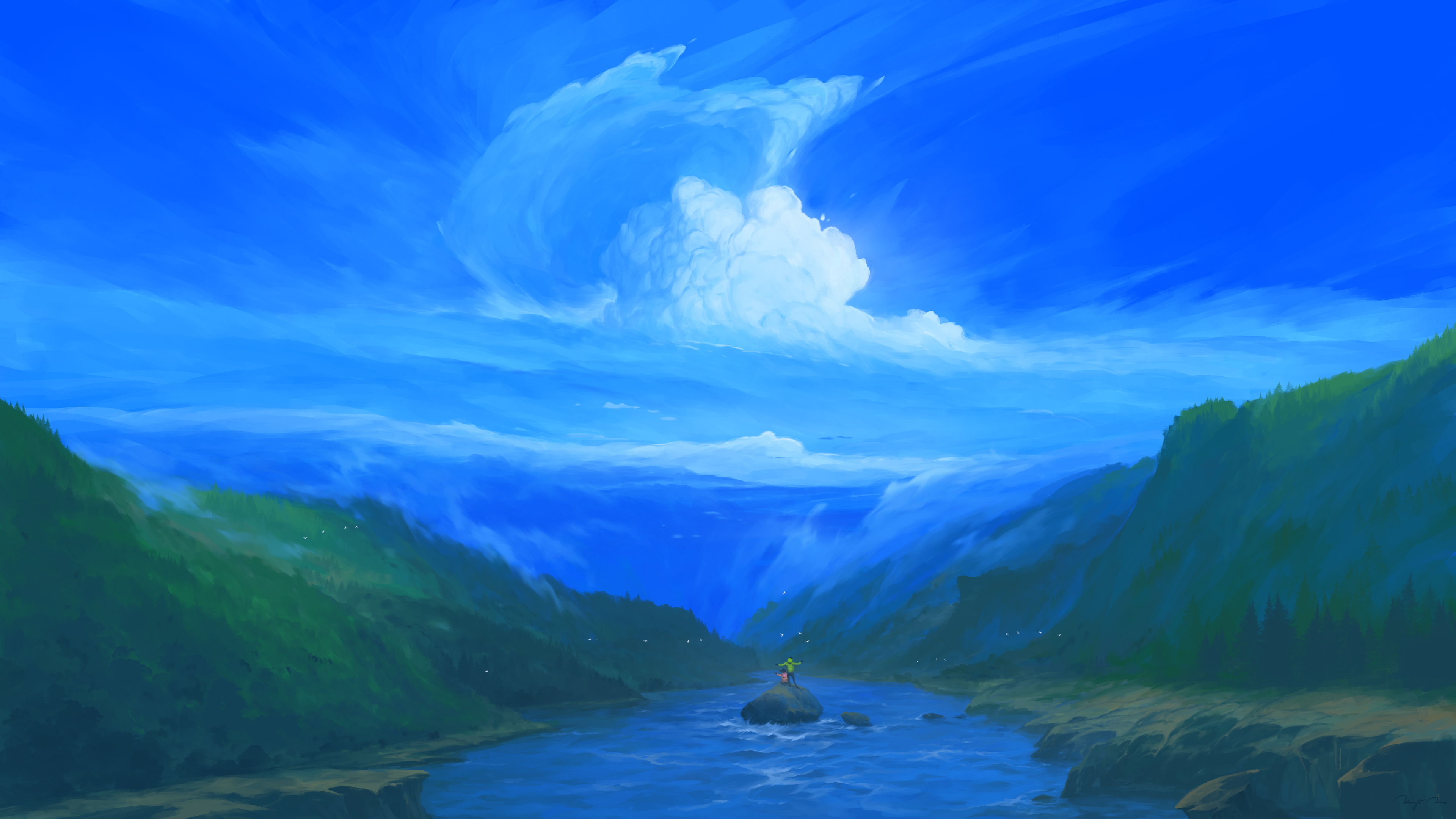 BisBiswas Landscape Clouds River Water Couple Digital Art Artwork Illustration Painting Nature 4K Si 3840x2160