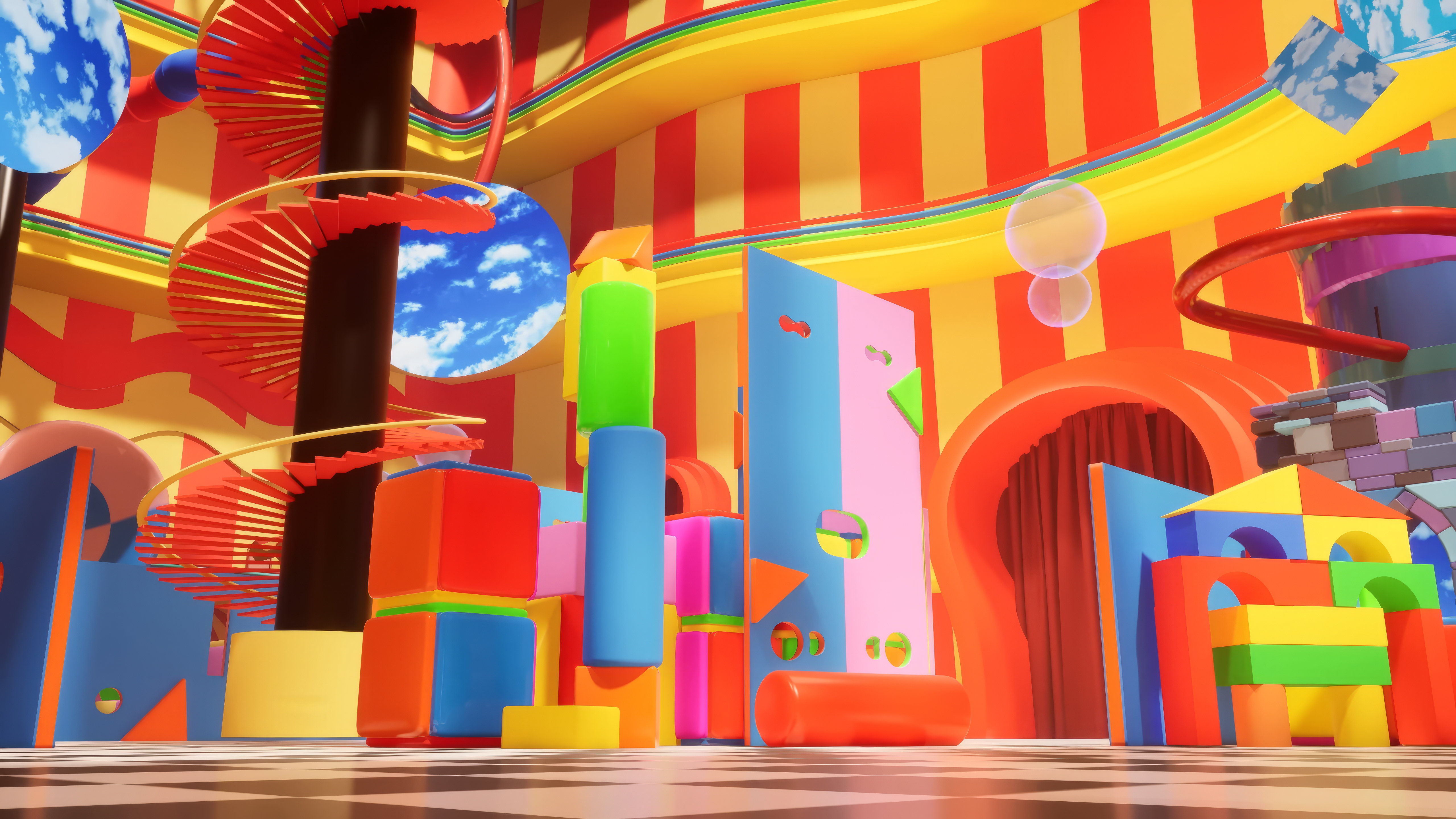 The Amazing Digital Circus Colorful Geometry Bright Stairs Striped Indoors 5120x2880