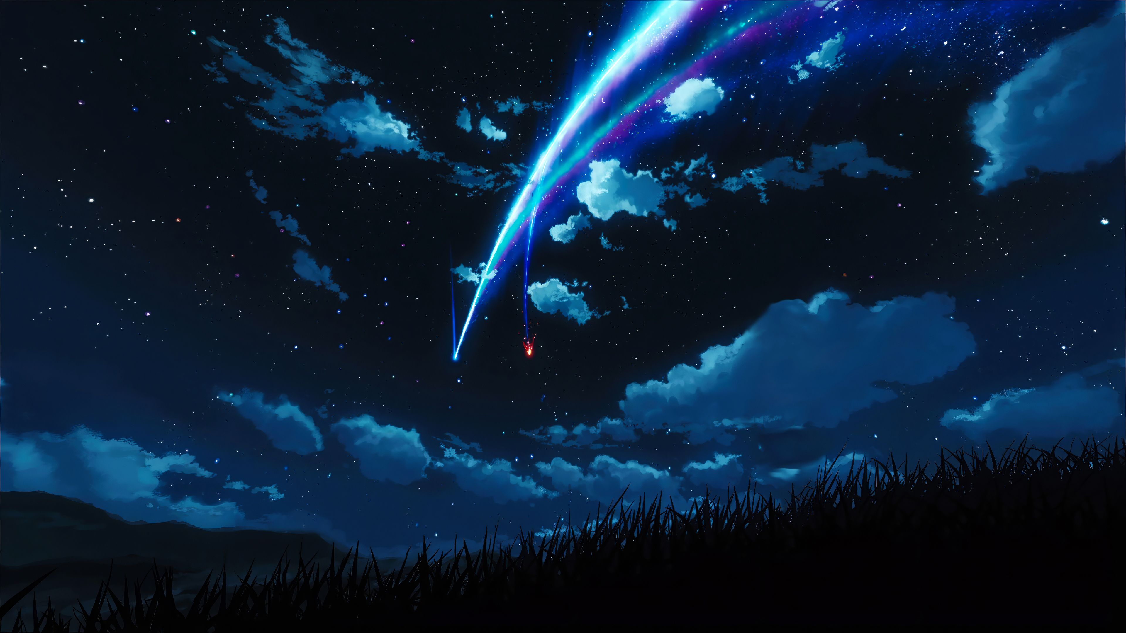 Drawn Night Clouds Stars Grass Silhouette Blue Kimi No Na Wa 3840x2160