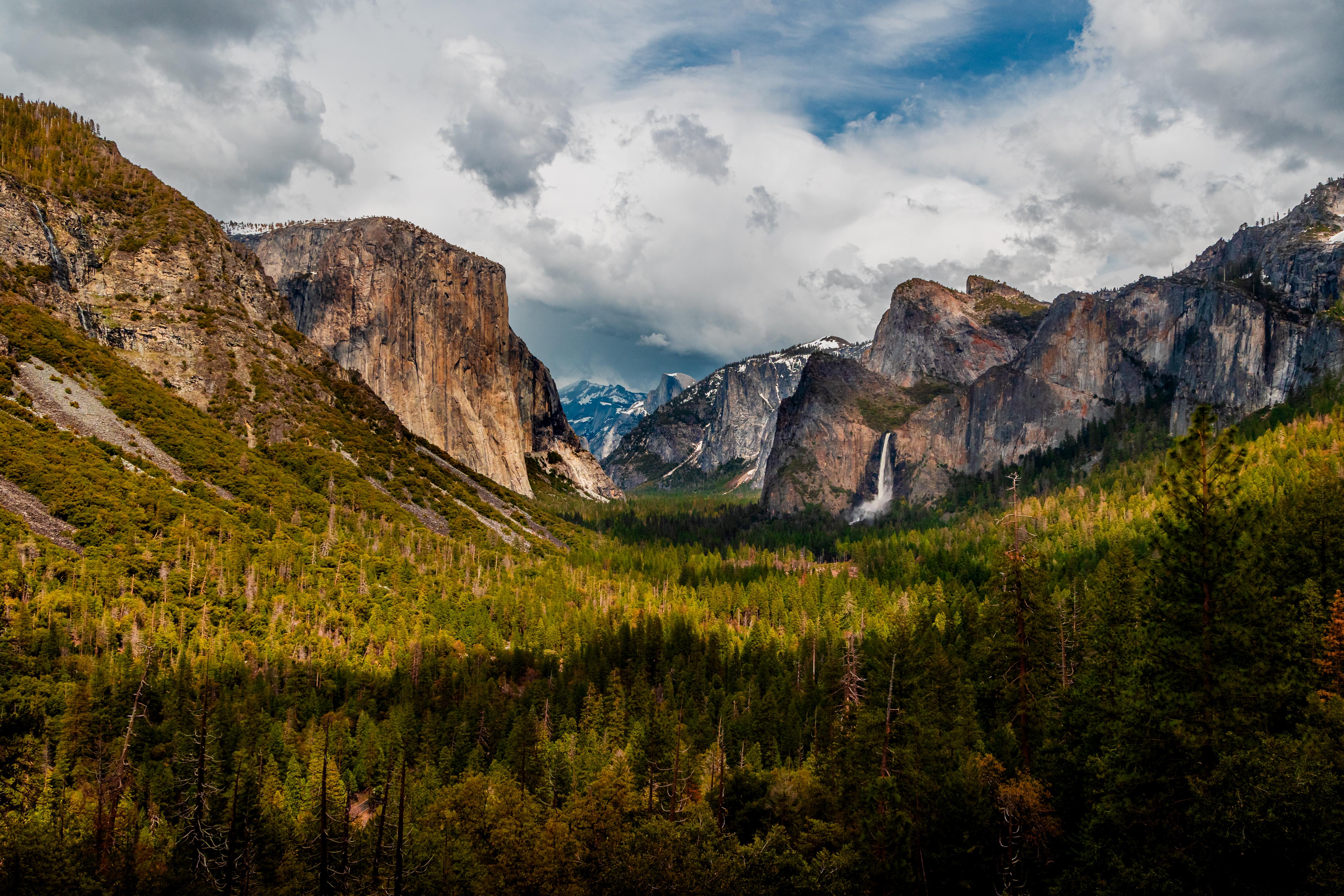 Valley Nature Yosemite Valley California USA Clouds Forest Cliff Landscape Waterfall 5236x3491