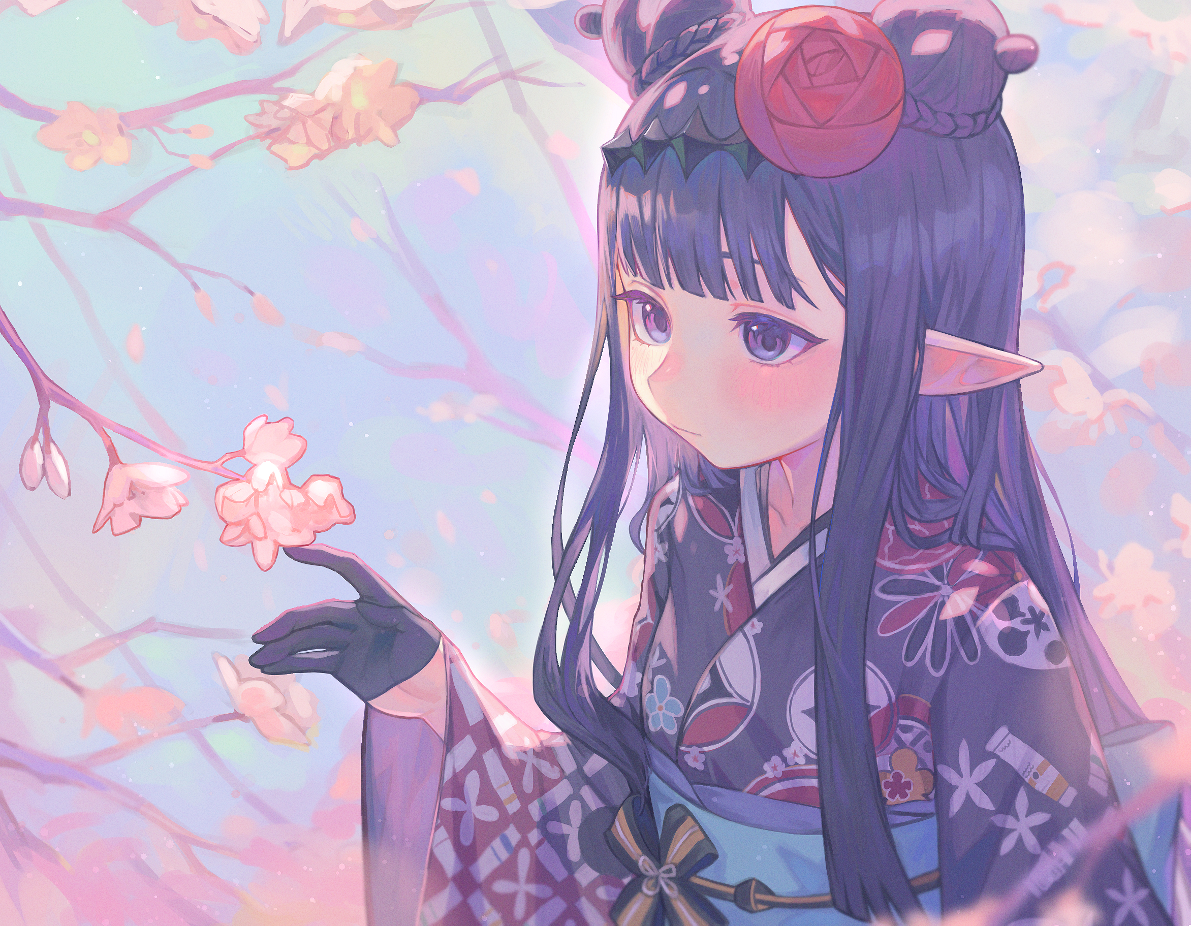 Kiwi2624 Ninomae Inanis Virtual Youtuber Hololive Gloves Kimono Cherry Blossom Pointy Ears Hairbun 2344x1823