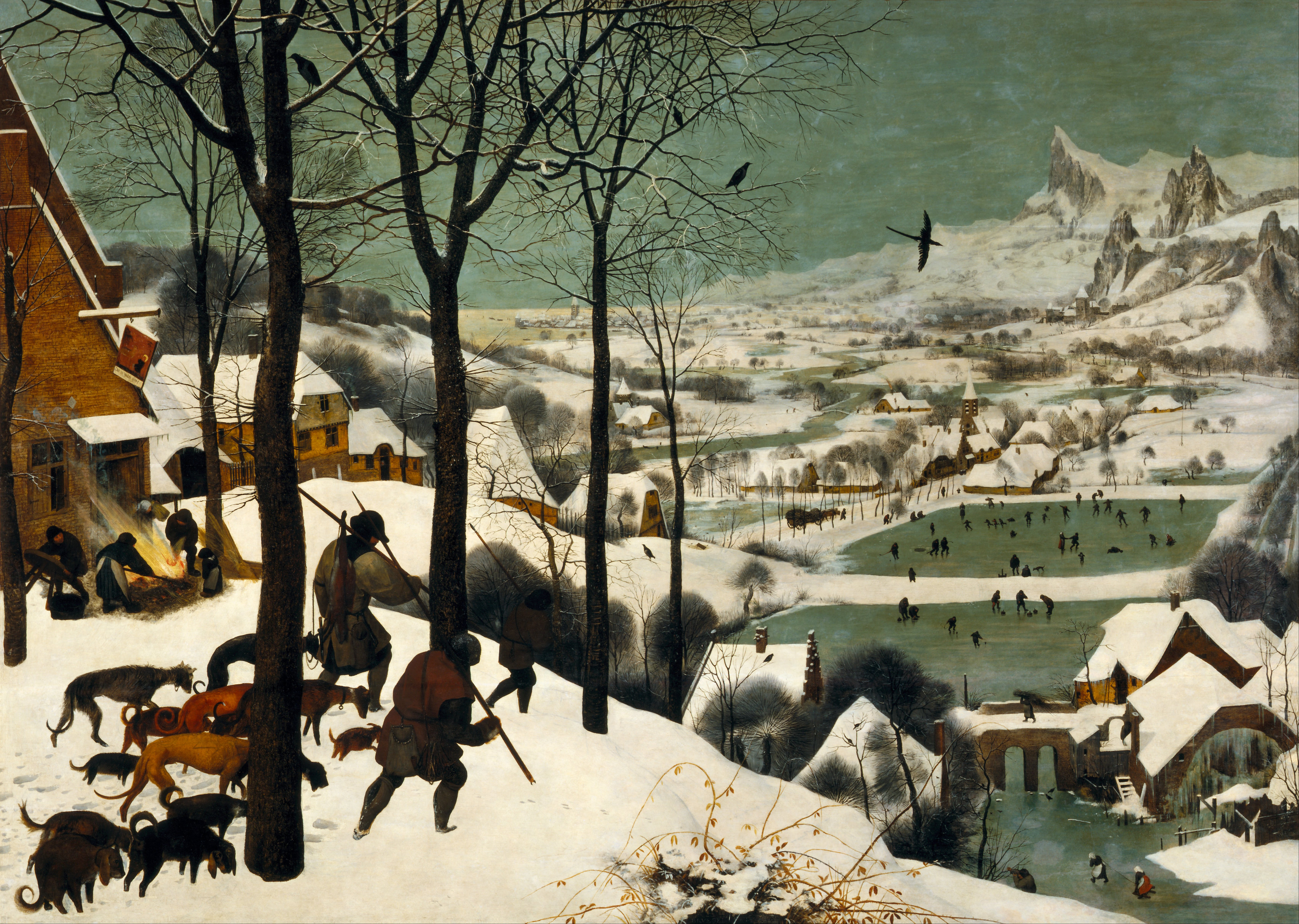 Pieter Bruegel Oil Painting Painting Artwork Hunter Dog Landscape Snow Trees Rabbits People Village 6819x4853