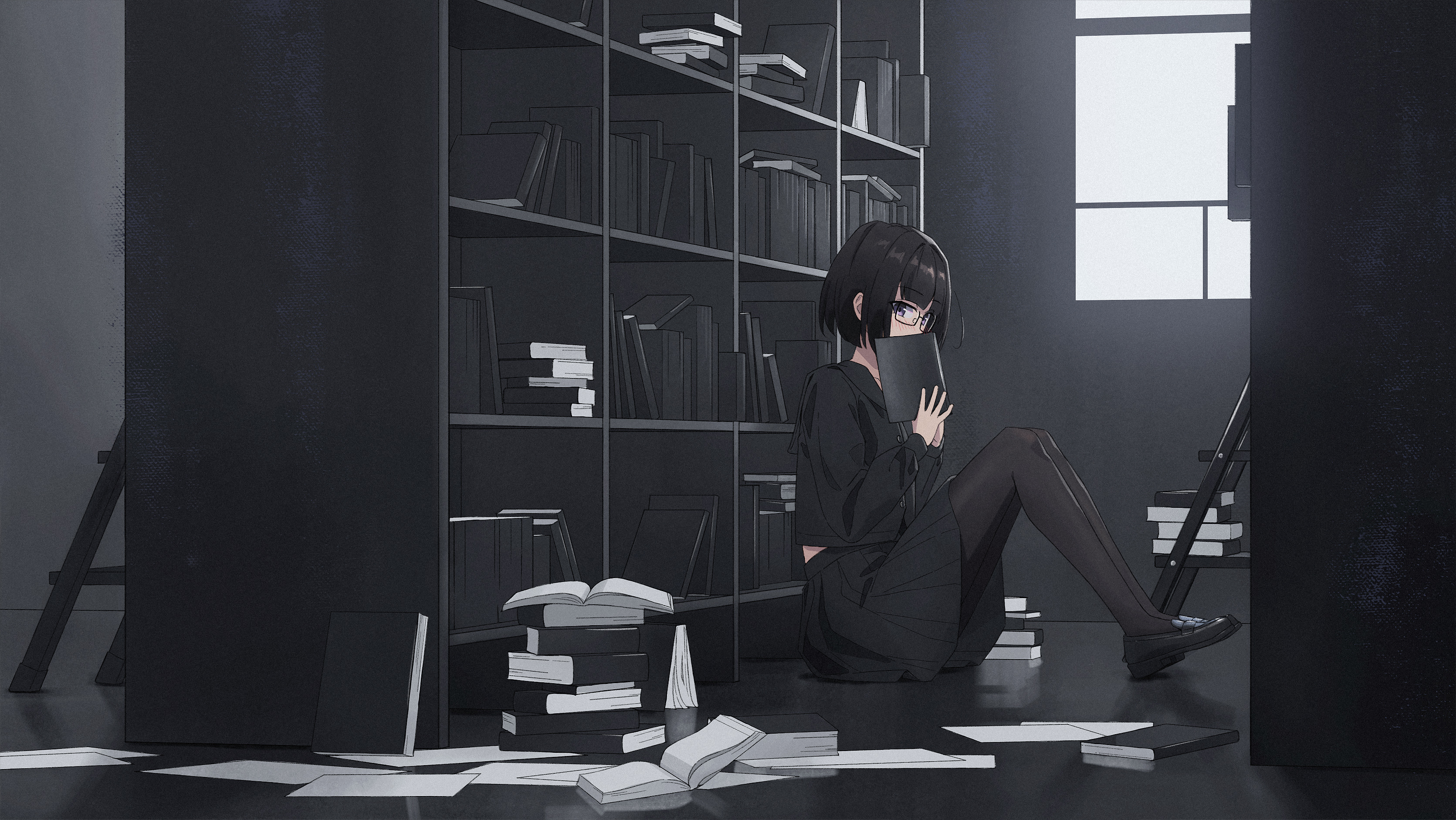 Anime Anime Girls Glasses Dark Hair Short Hair Library Books Purple Eyes Sailor Uniform 3342x1881