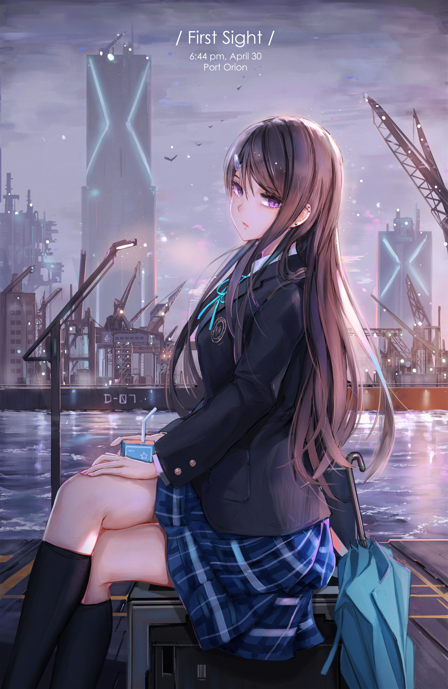 Anime Girls School Uniform Night Cityscape 1432x2200