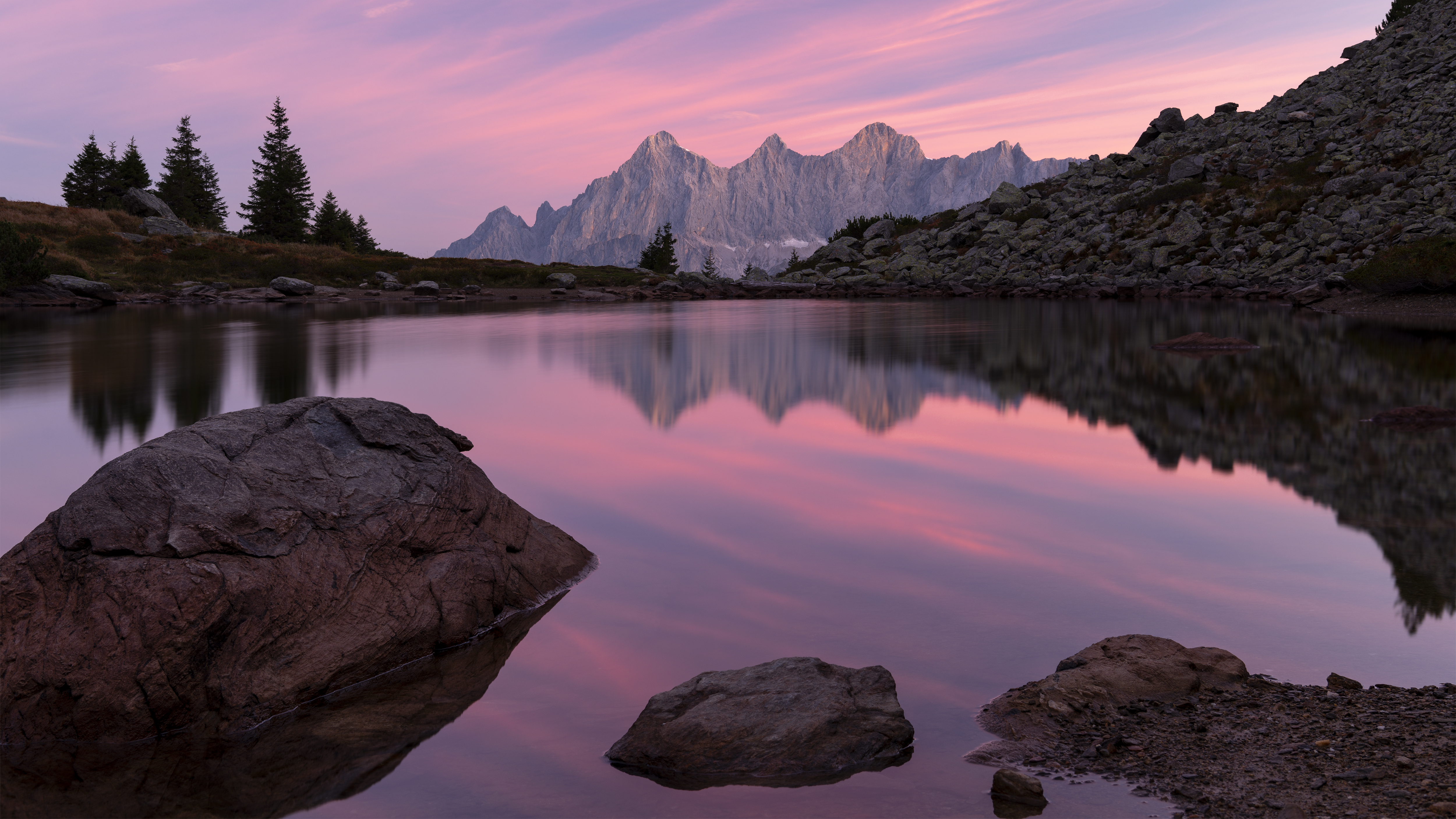 Nature Landscape Sky Clouds Mountains Rocks Trees Water Austria Sunrise Pink Clouds Philipp Fuchslug 5000x2813