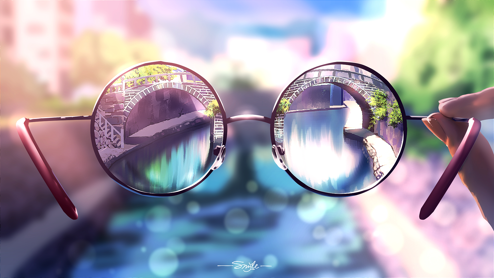 Glasses Depth Of Field Fingers Bridge River Sun Rays Smile Artist 1920x1080