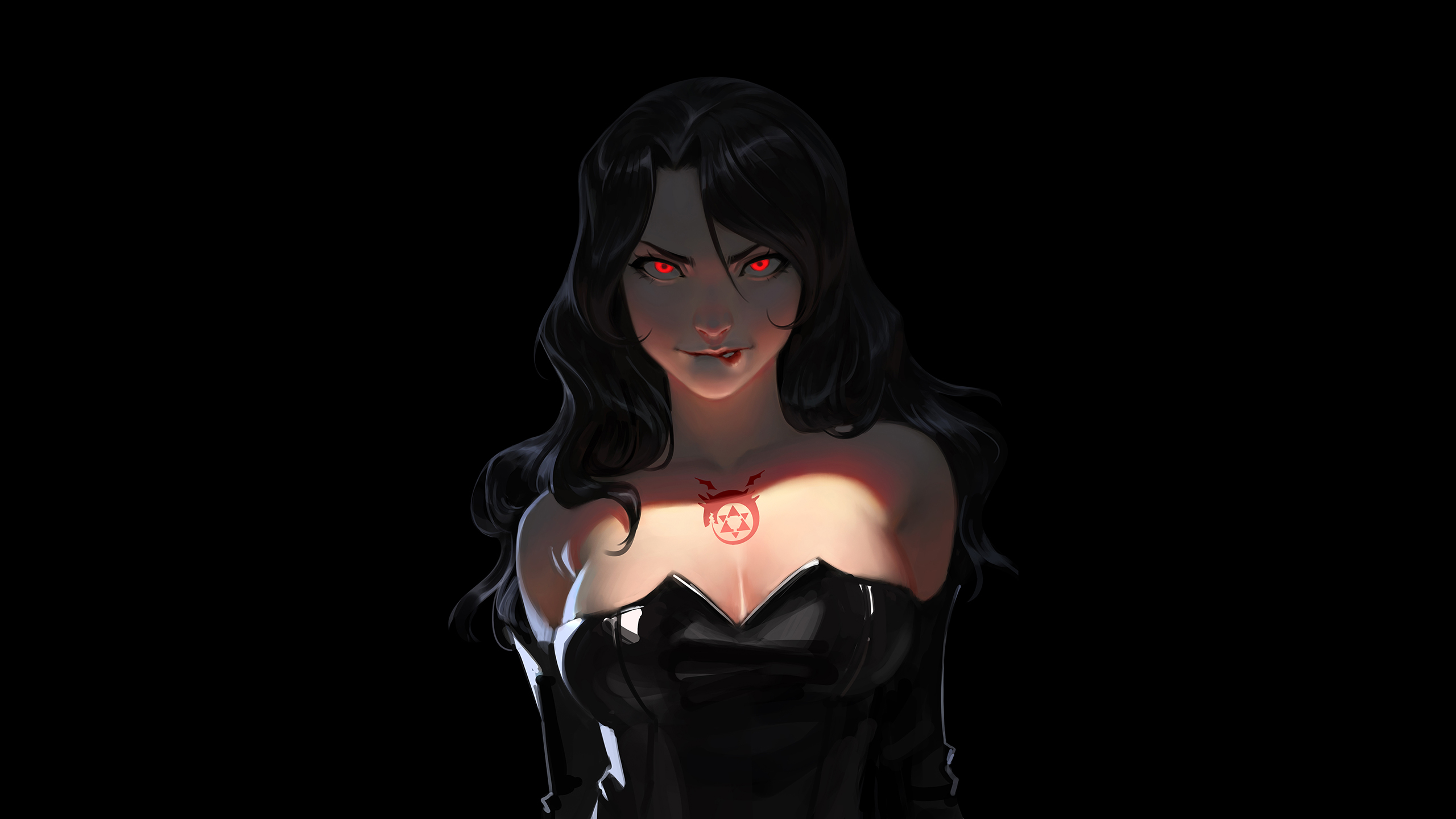 Lust Fullmetal Alchemist Full Metal Alchemist Anime Girls Black Hair Red Eyes Black Background Malve 2560x1440