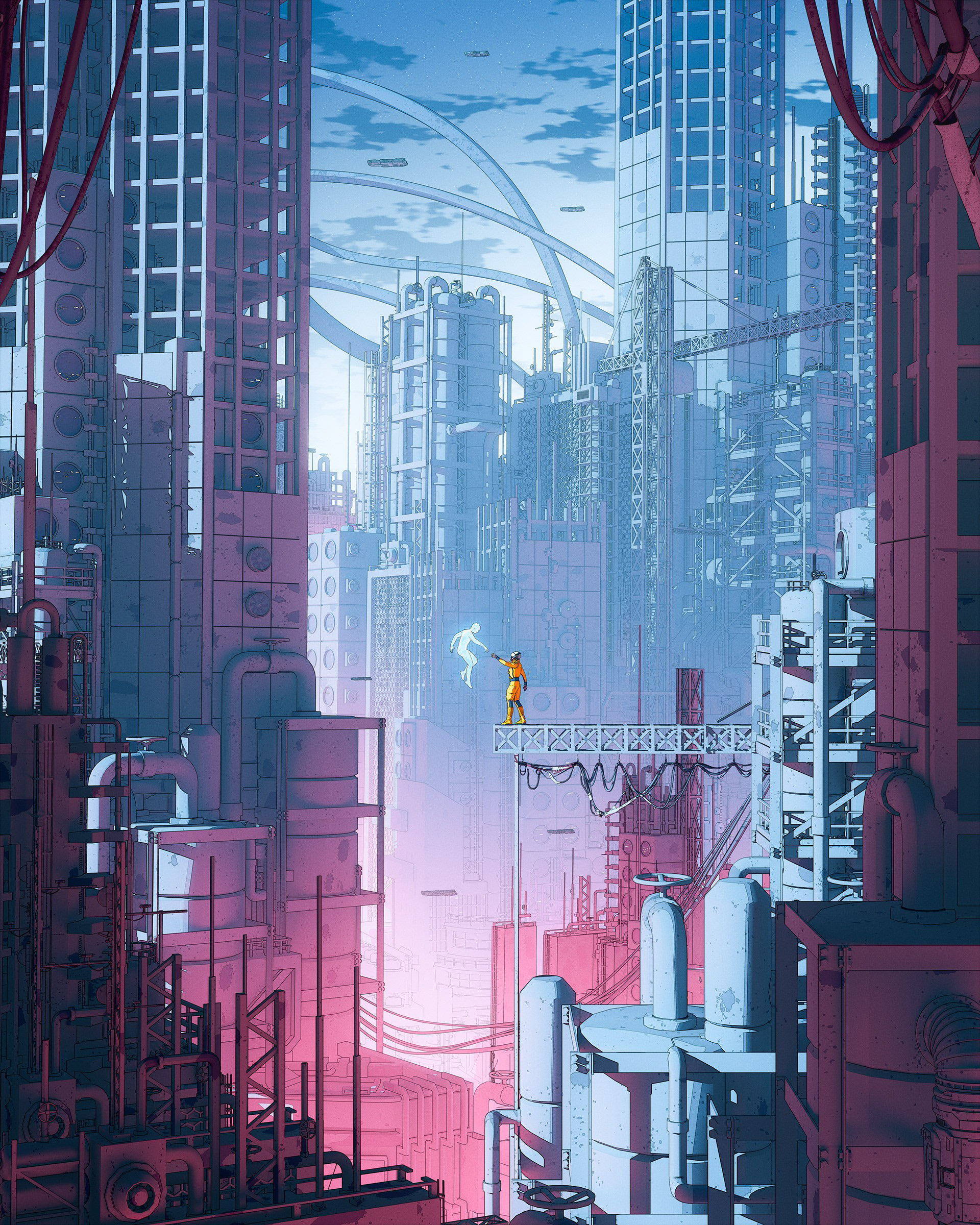 Marco Zagara Illustration Cyberpunk Cityscape Building Hologram Blue Light Pink Light Dystopian Futu 1920x2400