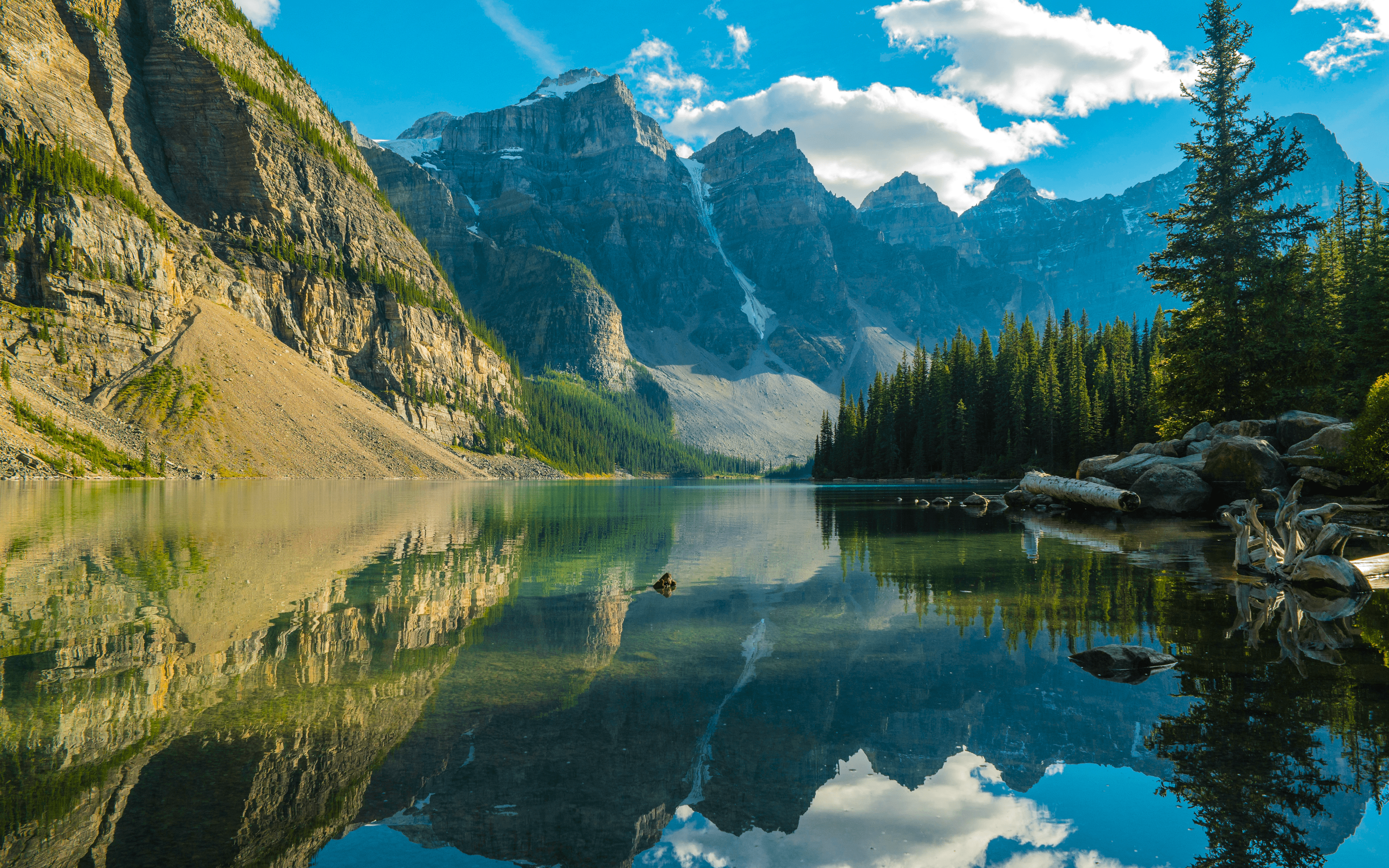 Nature Landscape Mountains Clouds Sky Trees Plants Wood River Reflection Water Rocks Lake Louise Can 3840x2400