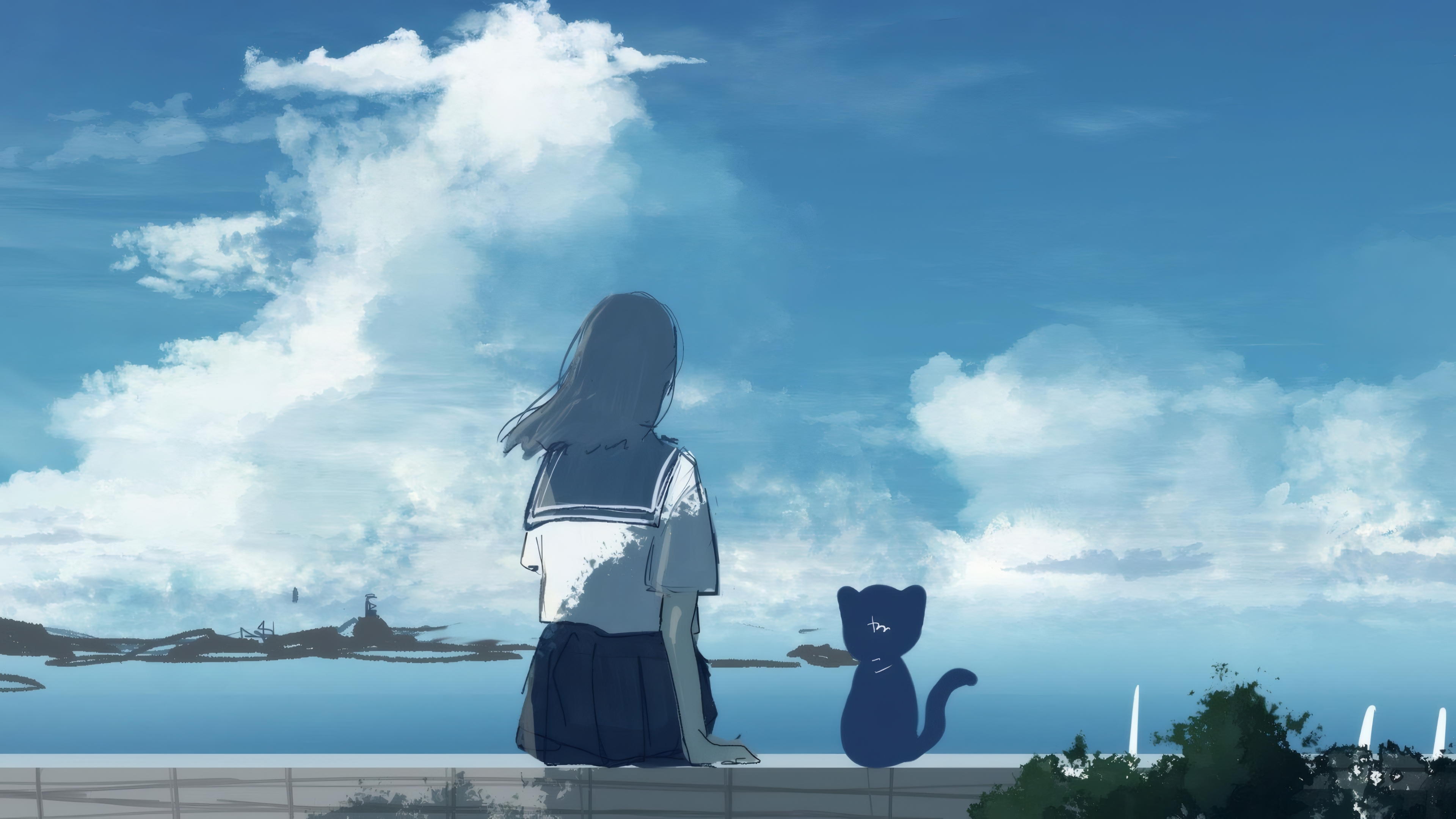 Amamori Sky Clouds Cats School Uniform Sea Digital Art Artwork 3840x2160