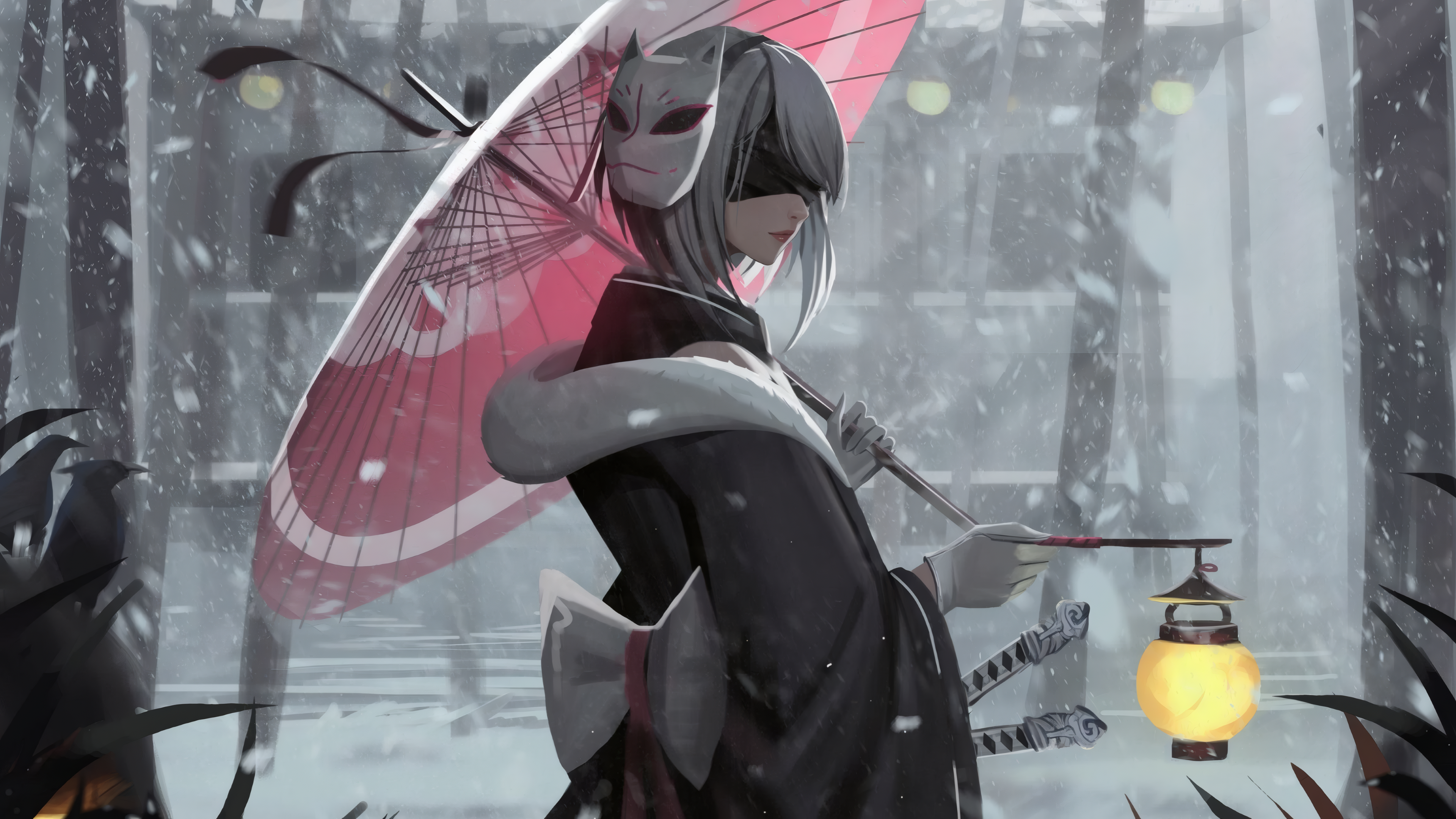 2B Nier Automata Lantern Umbrella Mask Neorarty Digital Art Artwork Crow Snow Nier Automata Nier 3840x2160