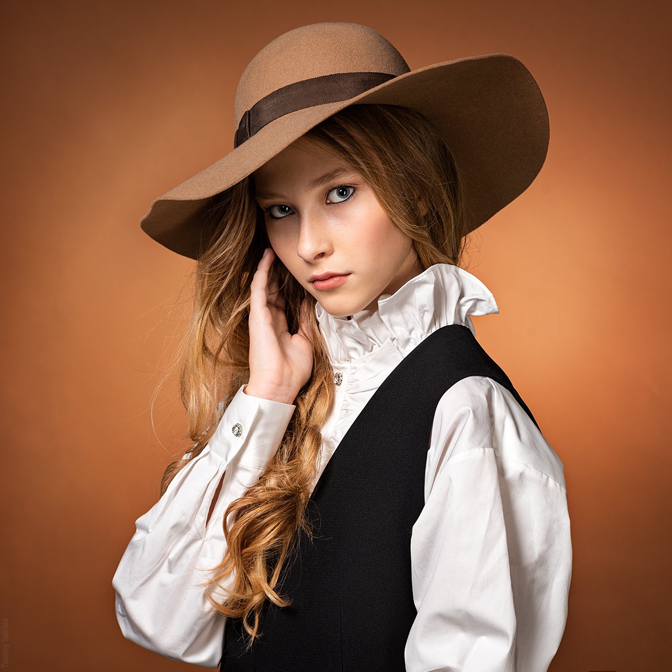 Timofey Smirnov Women Hat Blonde Wavy Hair Orange Background 1350x1350