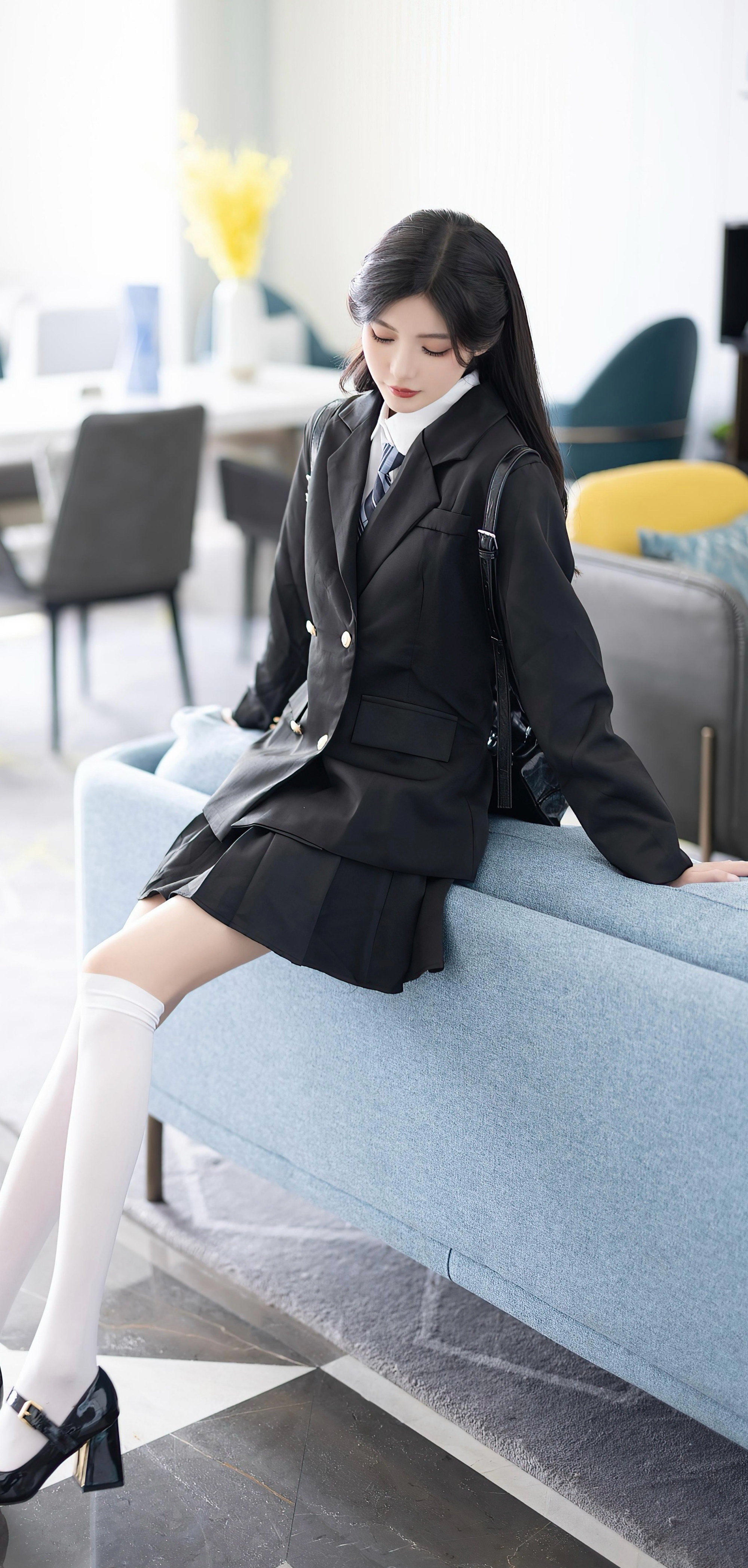 Asian Women Cosplay School Uniform Sitting Schoolgirl Portrait Display Long Hair Long Sleeves Sunlig 2000x4186