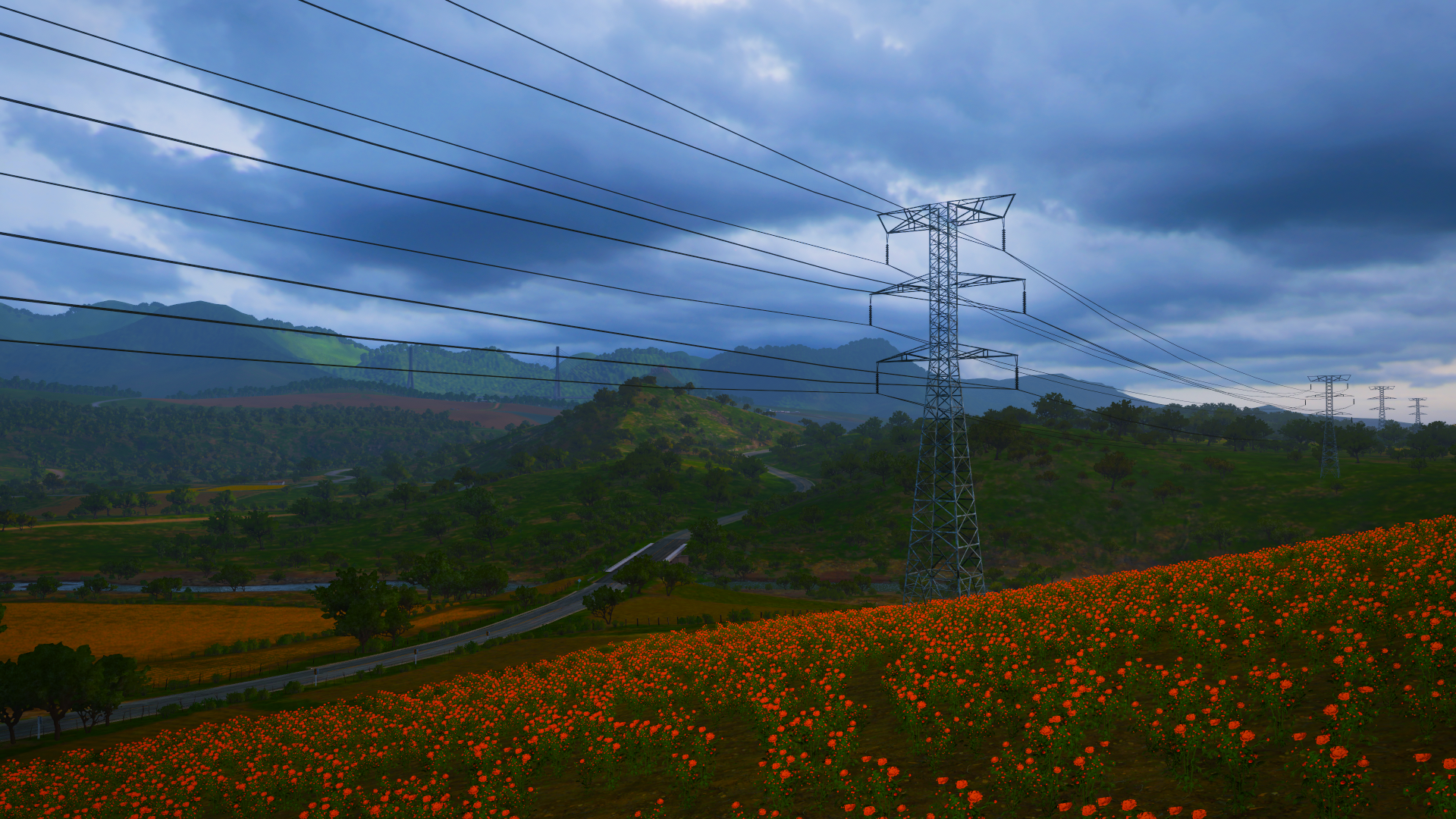 Video Games Forza Forza Horizon 5 Landscape Sky Clouds Hills Trees Utility Pole Flowers Road Blue Gr 1920x1080