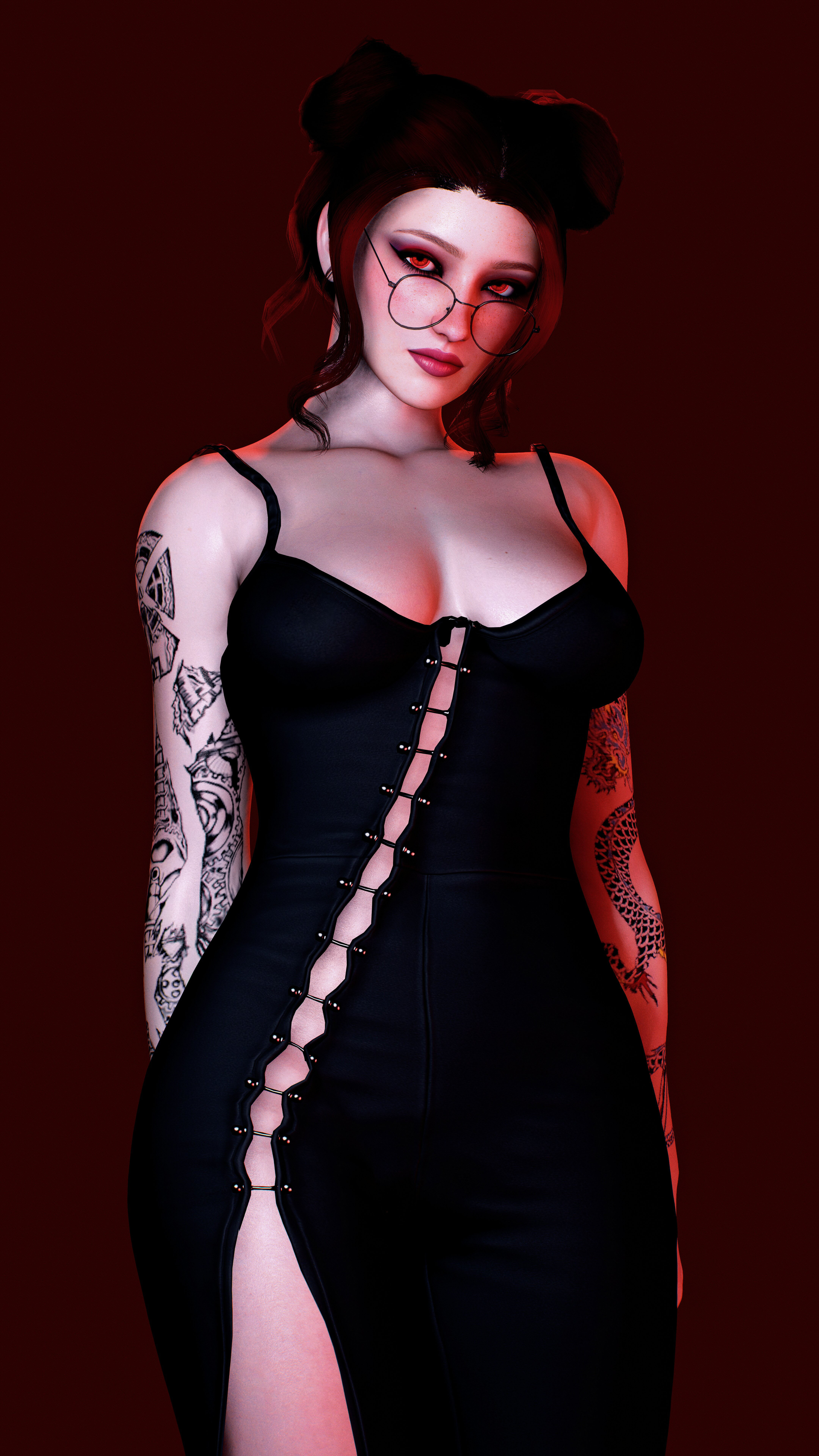 Mary Mushkin NoPixel Short Hair Red Eyes Black Dress Tattoo Women With Glasses Looking At Viewer Red 4320x7680