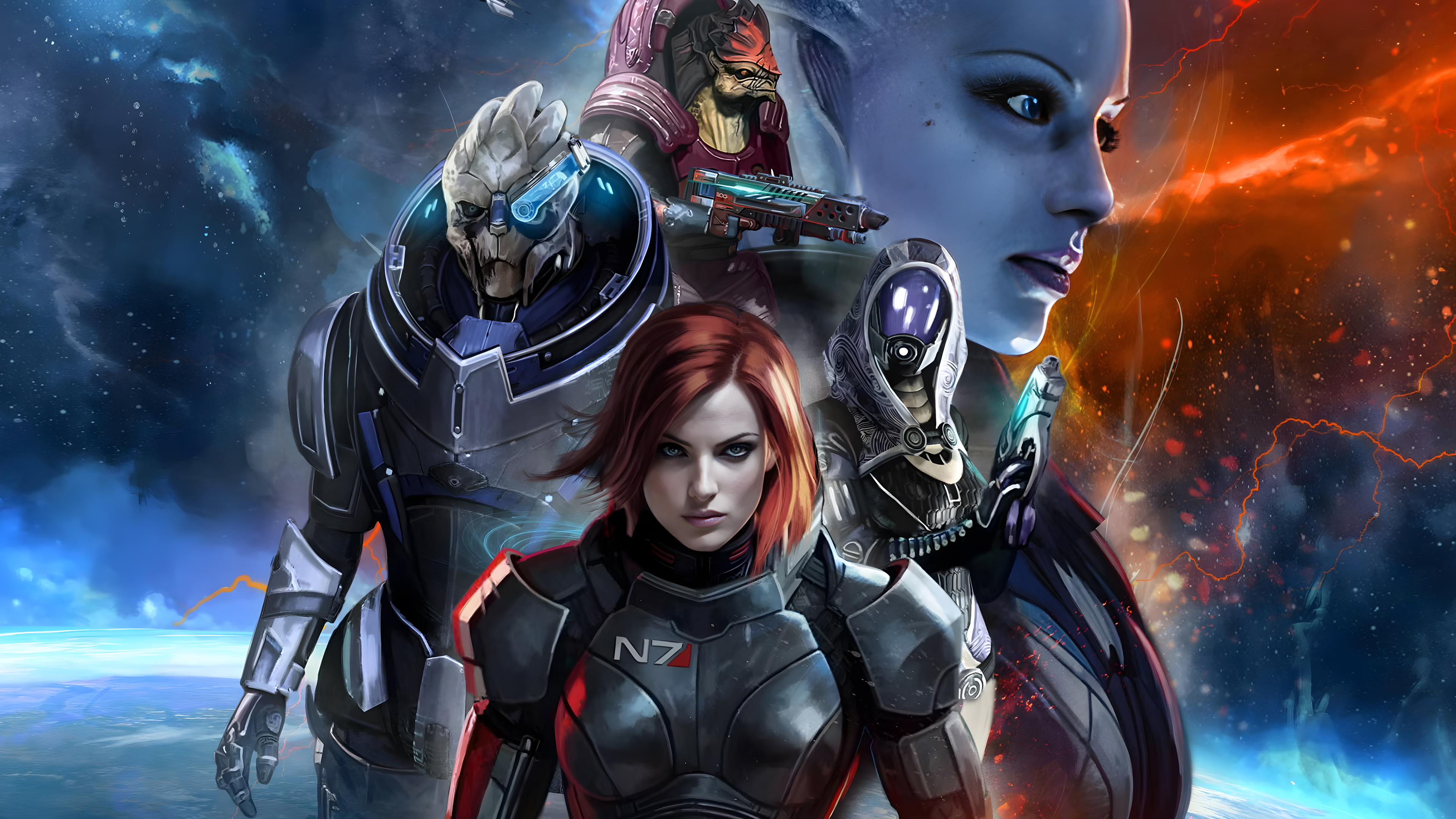 Mass Effect Video Game Art Bioware Commander Shepard Garrus Vakarian Urdnot Wrex Dr Liara TSoni Vide 3840x2160