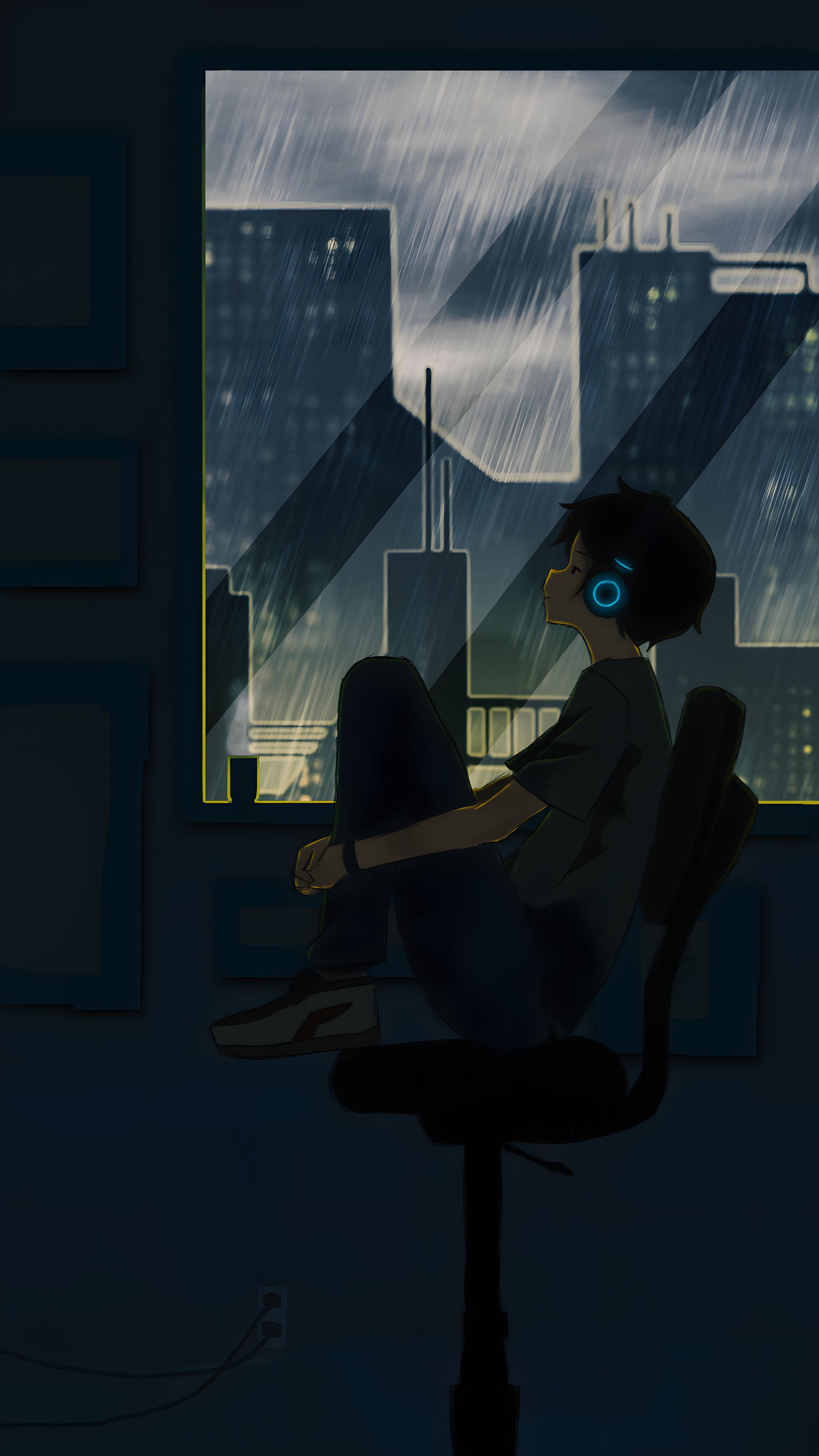 Room Anime Boys Dark Night Rain Batman Begins Music Relaxation City 2160x3840