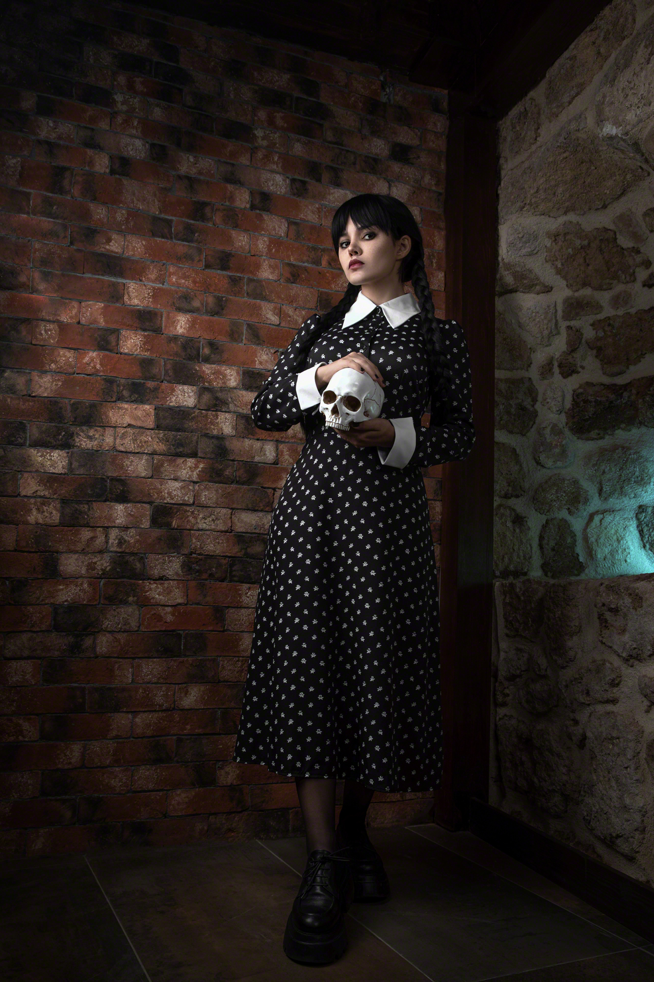 Cosplay Wednesday TV Series Wednesday Addams Skull Bricks Black Dress Women Model Brunette Braids Co 1333x2000