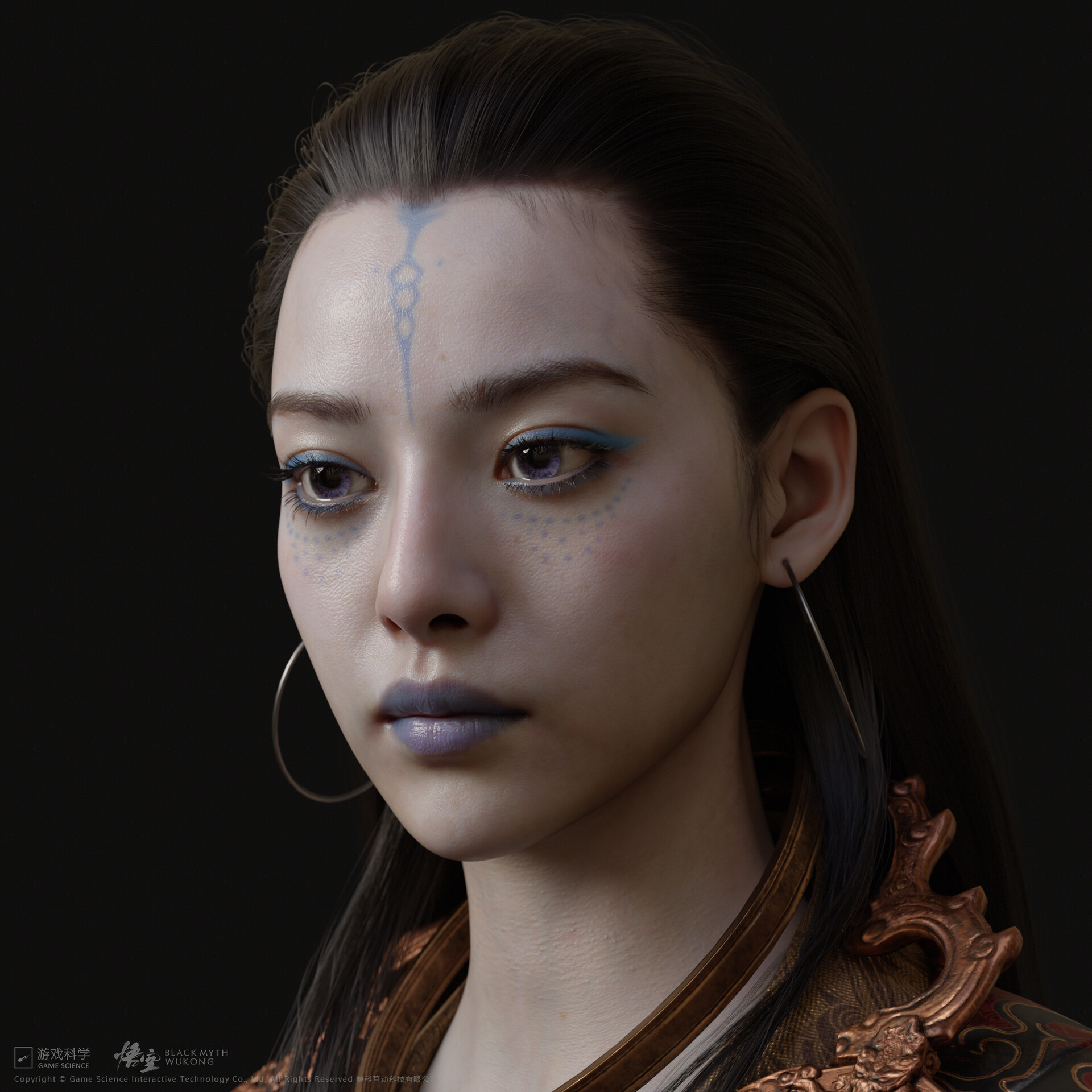 Gui Wenlong CGi Women Face Paint Portrait Blue Lipstick Black Myth Wukong 1920x1920