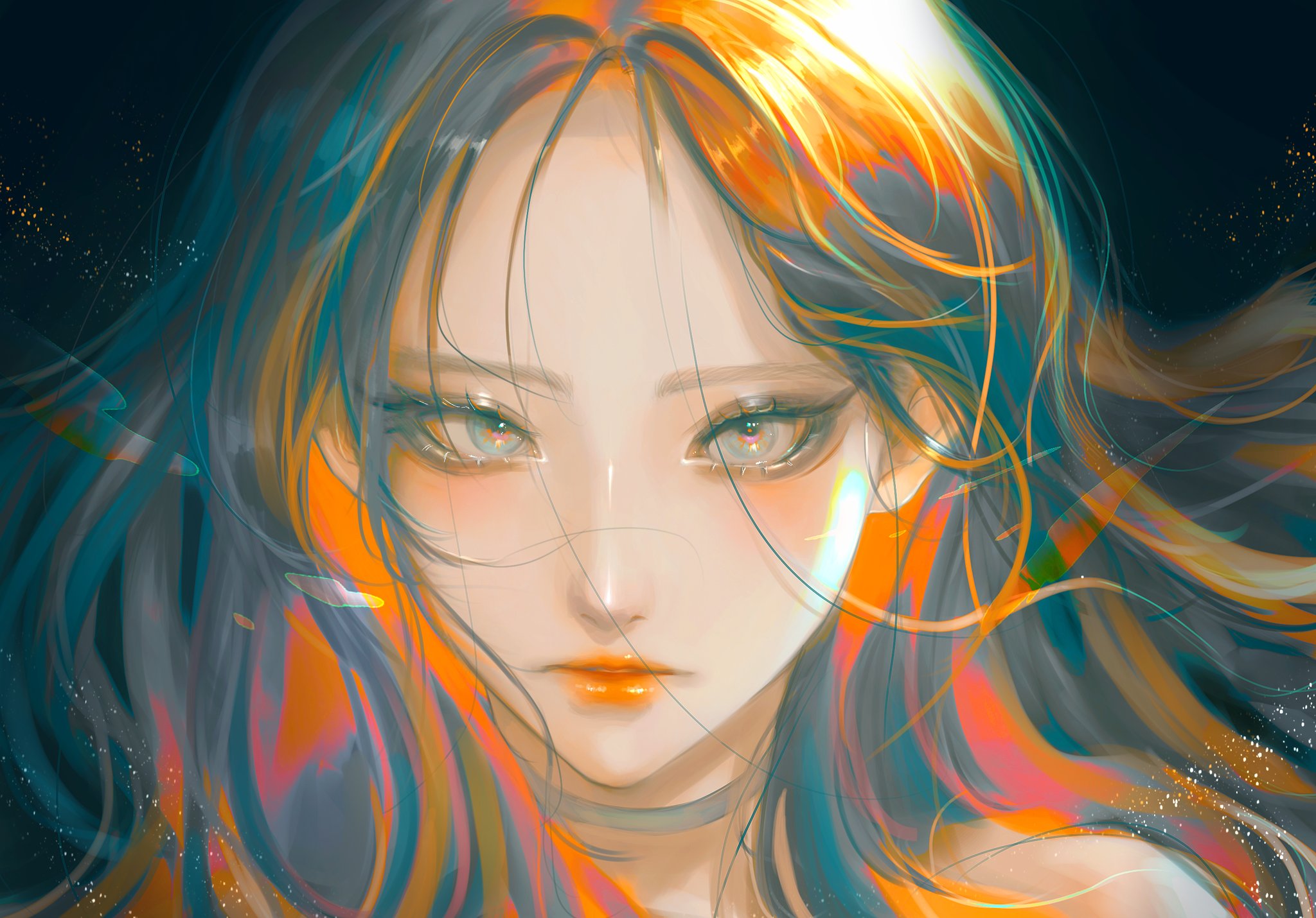 Digital Art Artwork Illustration Digital Painting Face Women Long Hair Two Tone Hair Closeup Orange  2048x1430