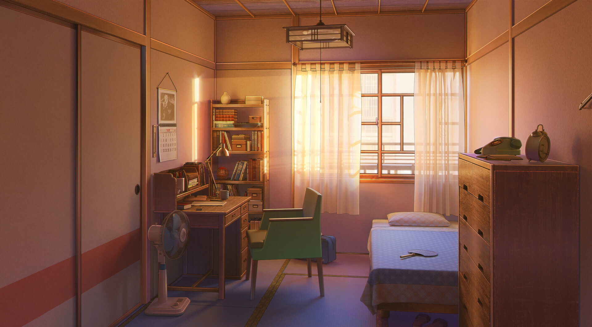 Artwork Anime Room Chair Sunlight Window Table Bed Phone Alarm Clock Calendar Bag Bookshelves 1920x1063