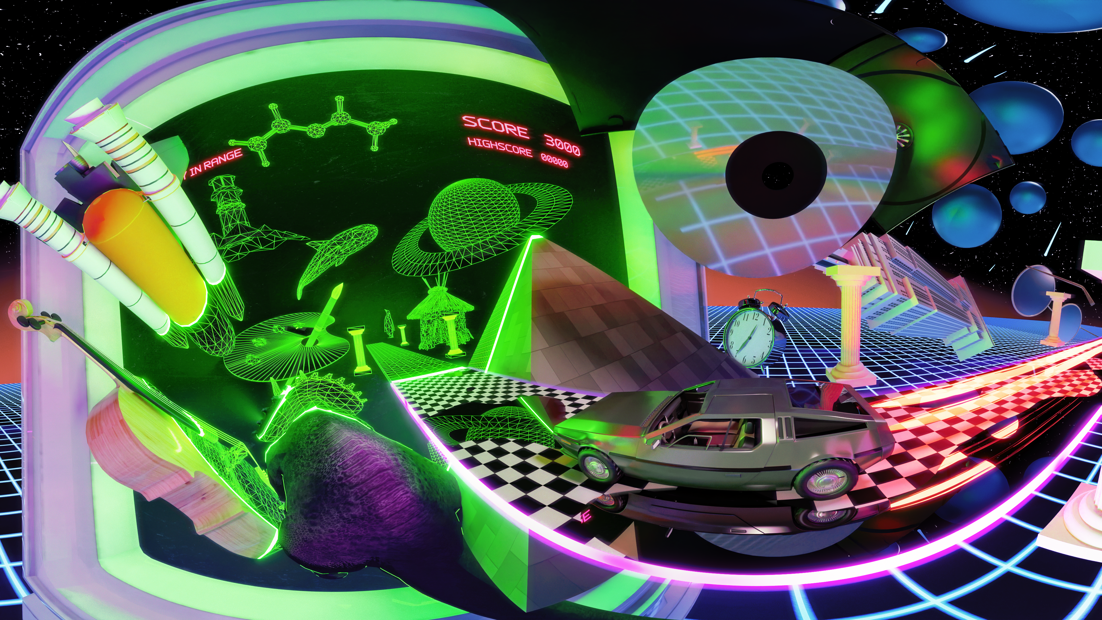 Vaporwave 1980s Tron Artwork Digital Art VHS Nostalgia Back To The Future DeLorean Discs Neon Glowin 3840x2160