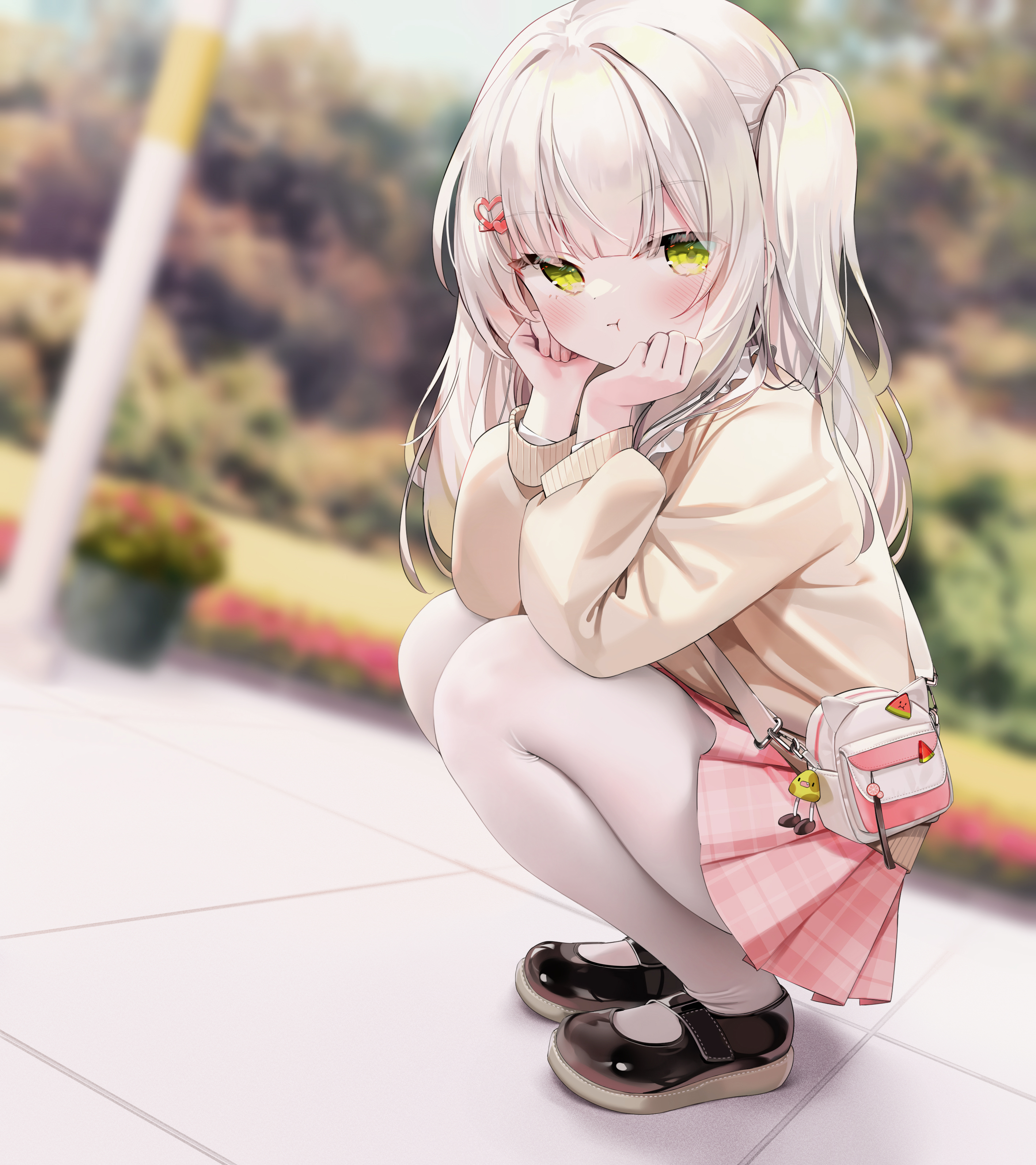 Anime Anime Girls Artwork White Hair Green Eyes Hairpins Bag Shy Sweater Pouting Chen Bin 2835x3189