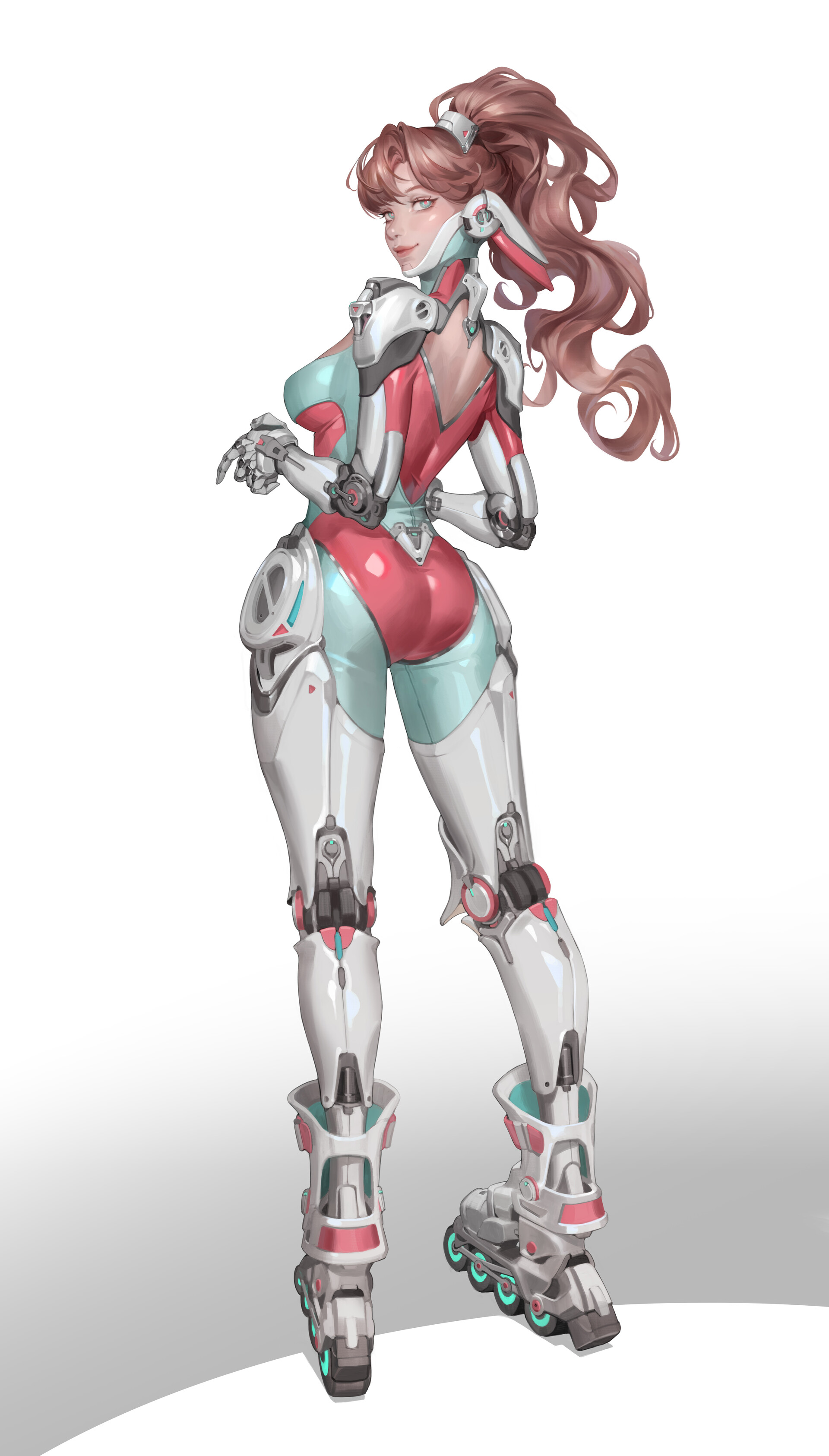 Sora Kim Drawing Ponytail Androids Roller Skates White Background Simple Background Standing Rear Vi 1920x3371