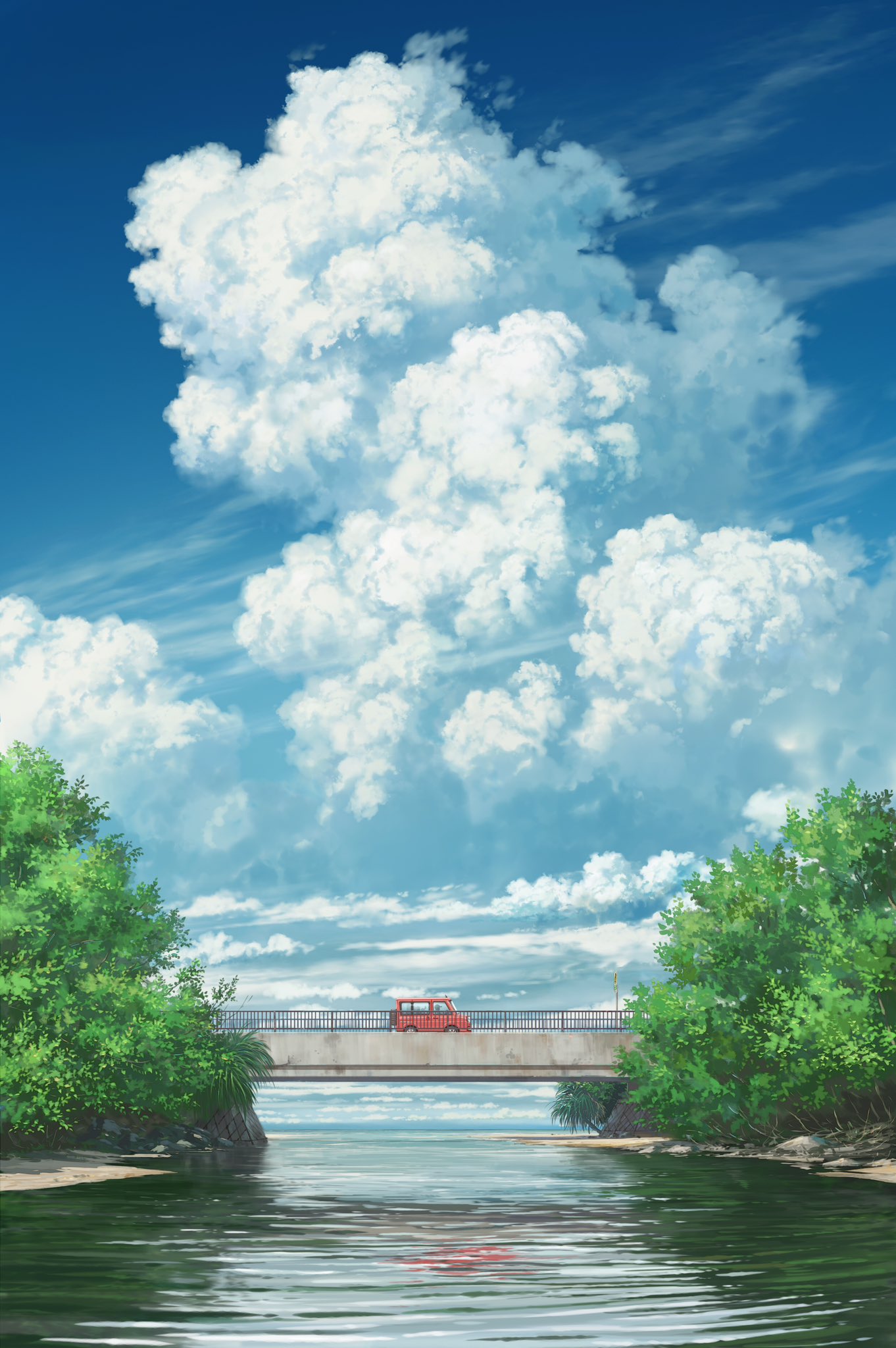 Pei Sumurai Cumulus Sky Clouds Car Bridge River Water Railing Trees Plants Iron Railing Portrait Dis 1362x2048