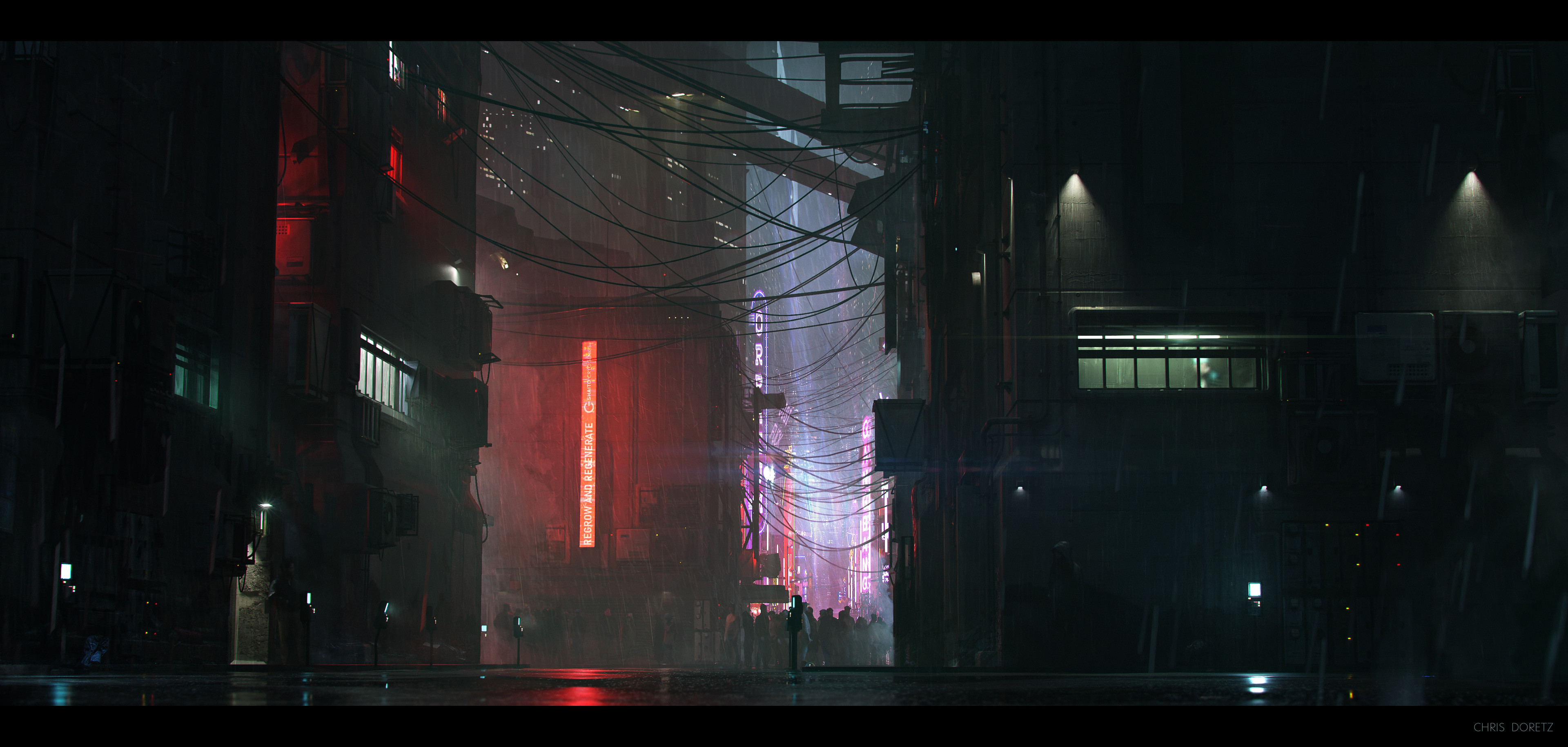 Chris Doretz Science Fiction Cyberpunk Architectural Concept Digital Art Neon Glowing Rain Night Vid 3840x1829