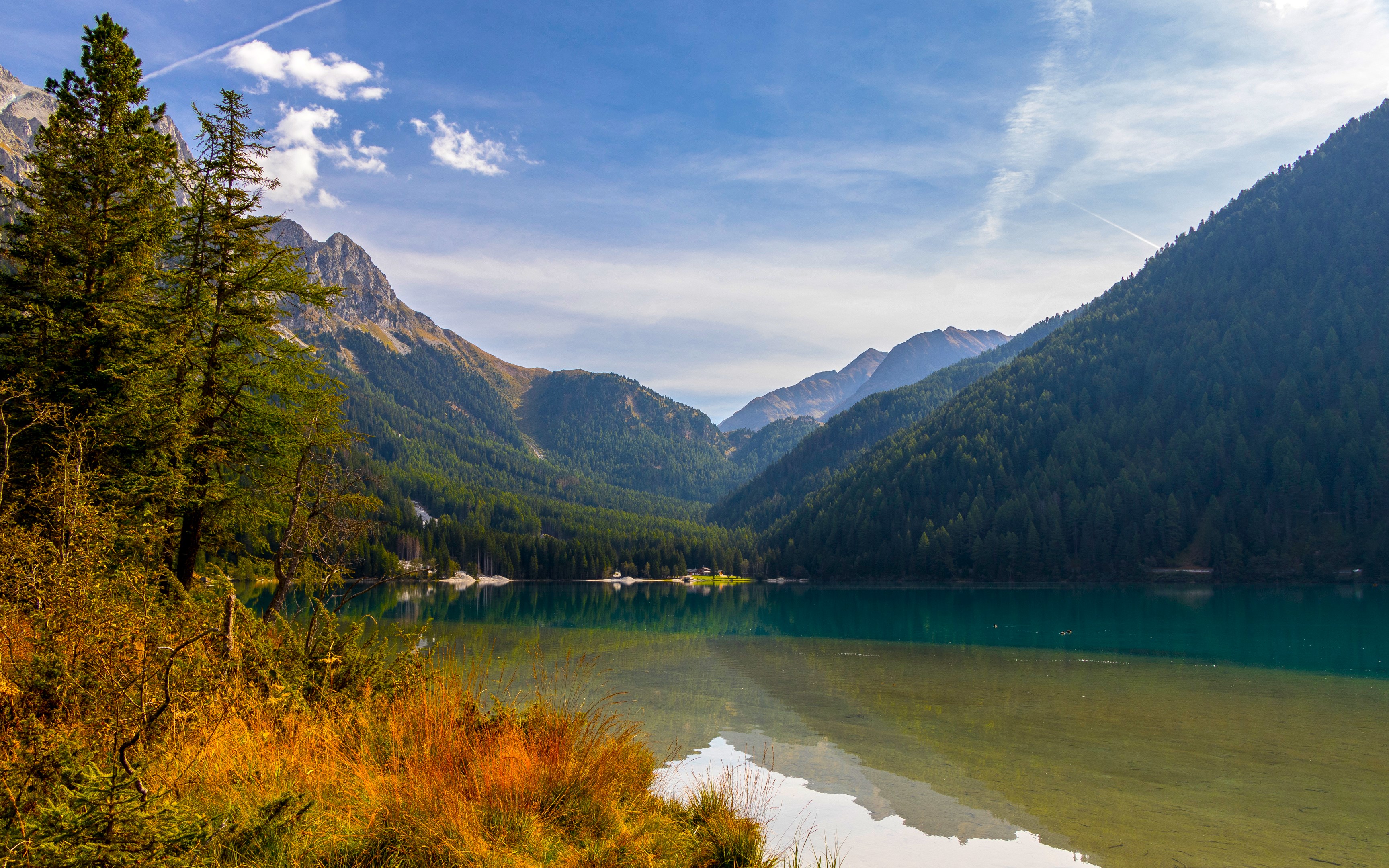 Nature Landscape Clouds Sky Trees Plants Grass Lake Mountains Forest Reflection House Antholzer See  3456x2160