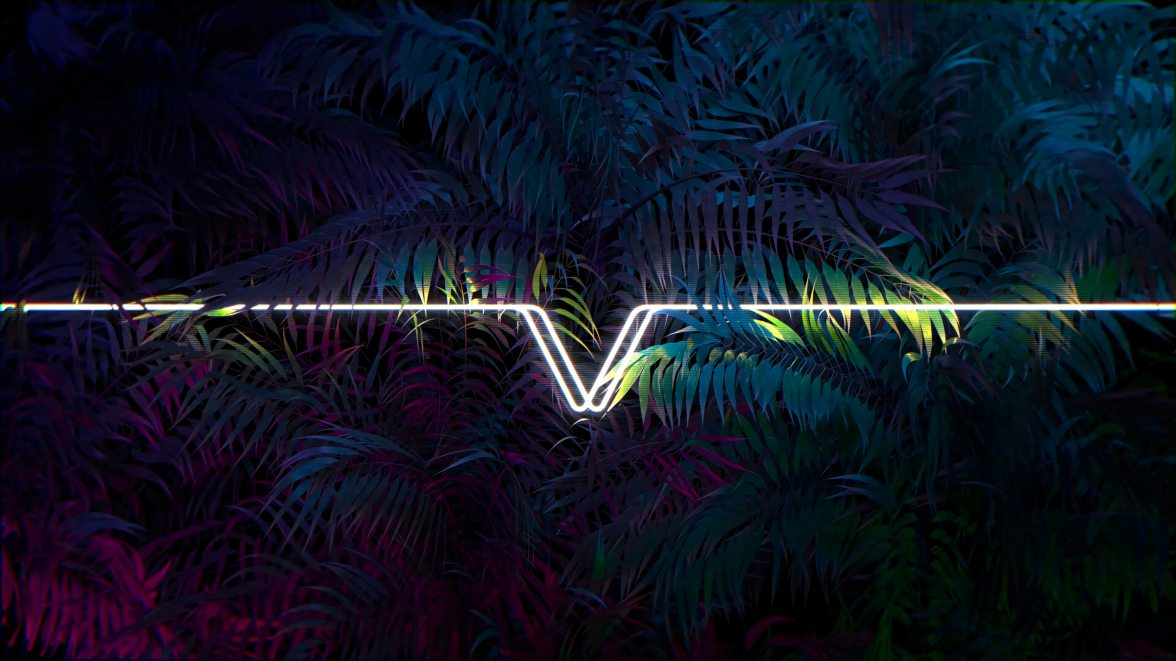 Neon White Purple Blue Light Bar Leaves Colorful Dark Low Light Digital Art Photo Manipulation 3840x2160