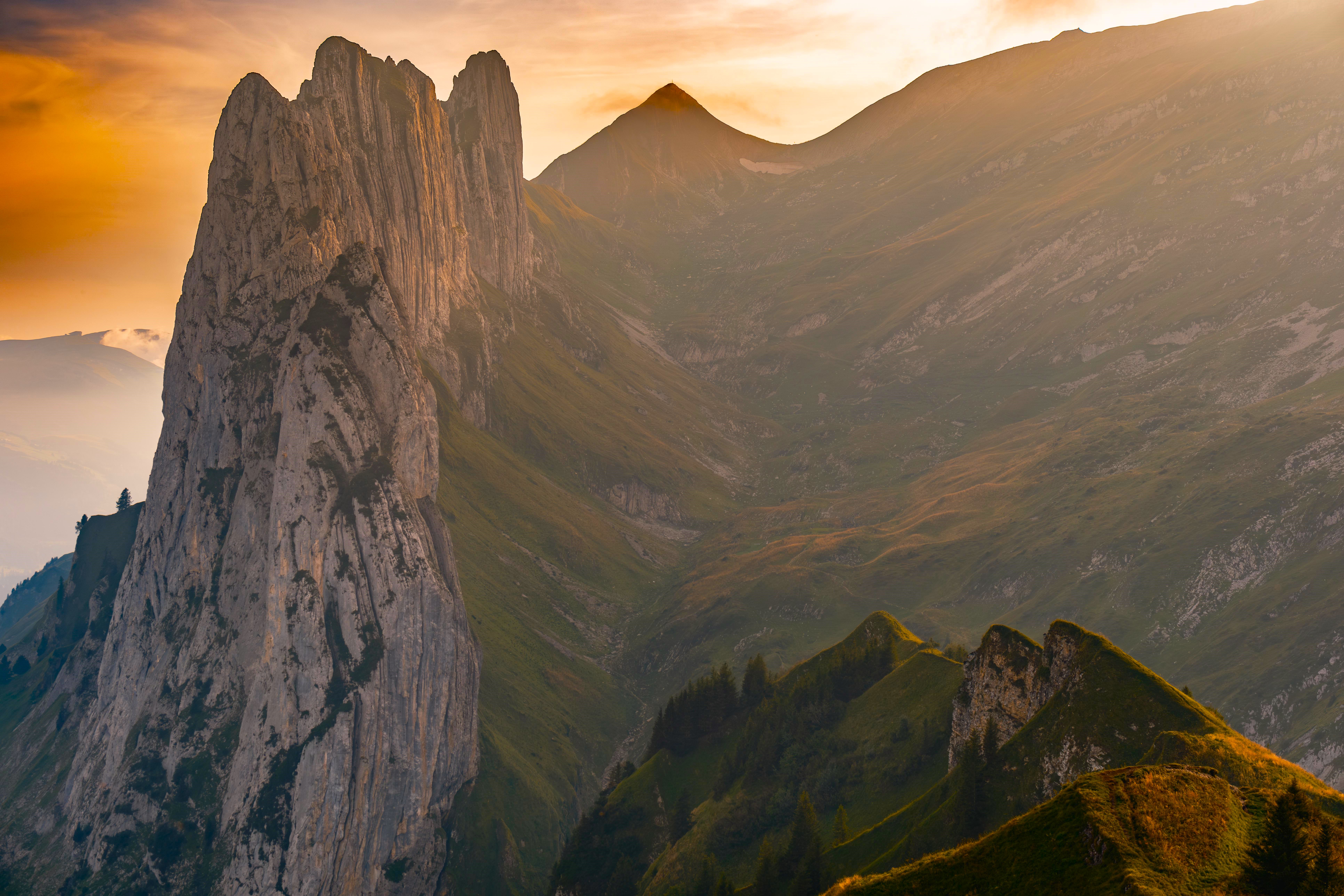 Nature Landscape Trees Grass Rocks Clouds Mountains Mountain View Sunrise Saxon Switzerland 7728x5152