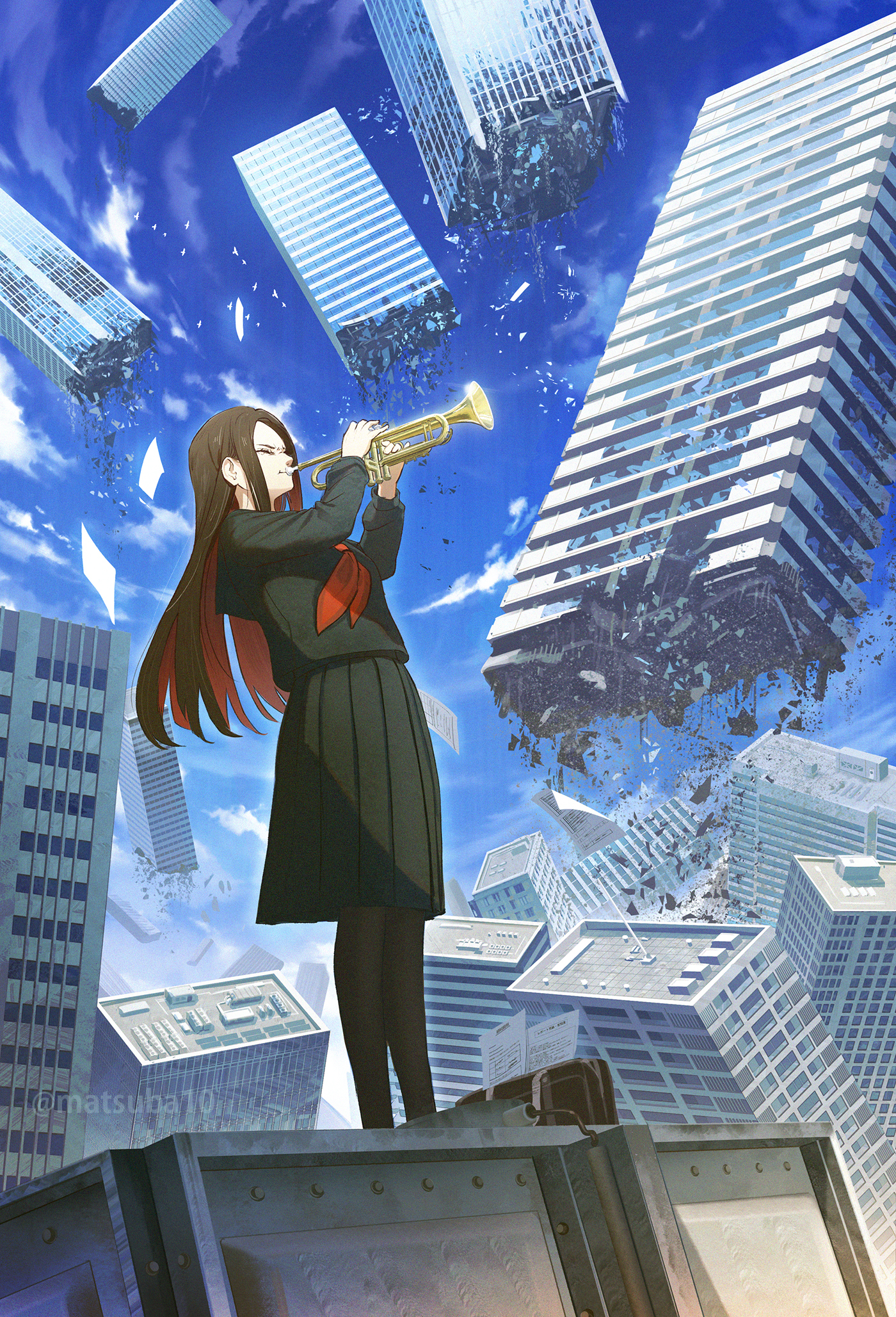 Portrait Display Building Schoolgirl School Uniform Musical Instrument Clouds Trumpet Women Outdoors 1400x2057
