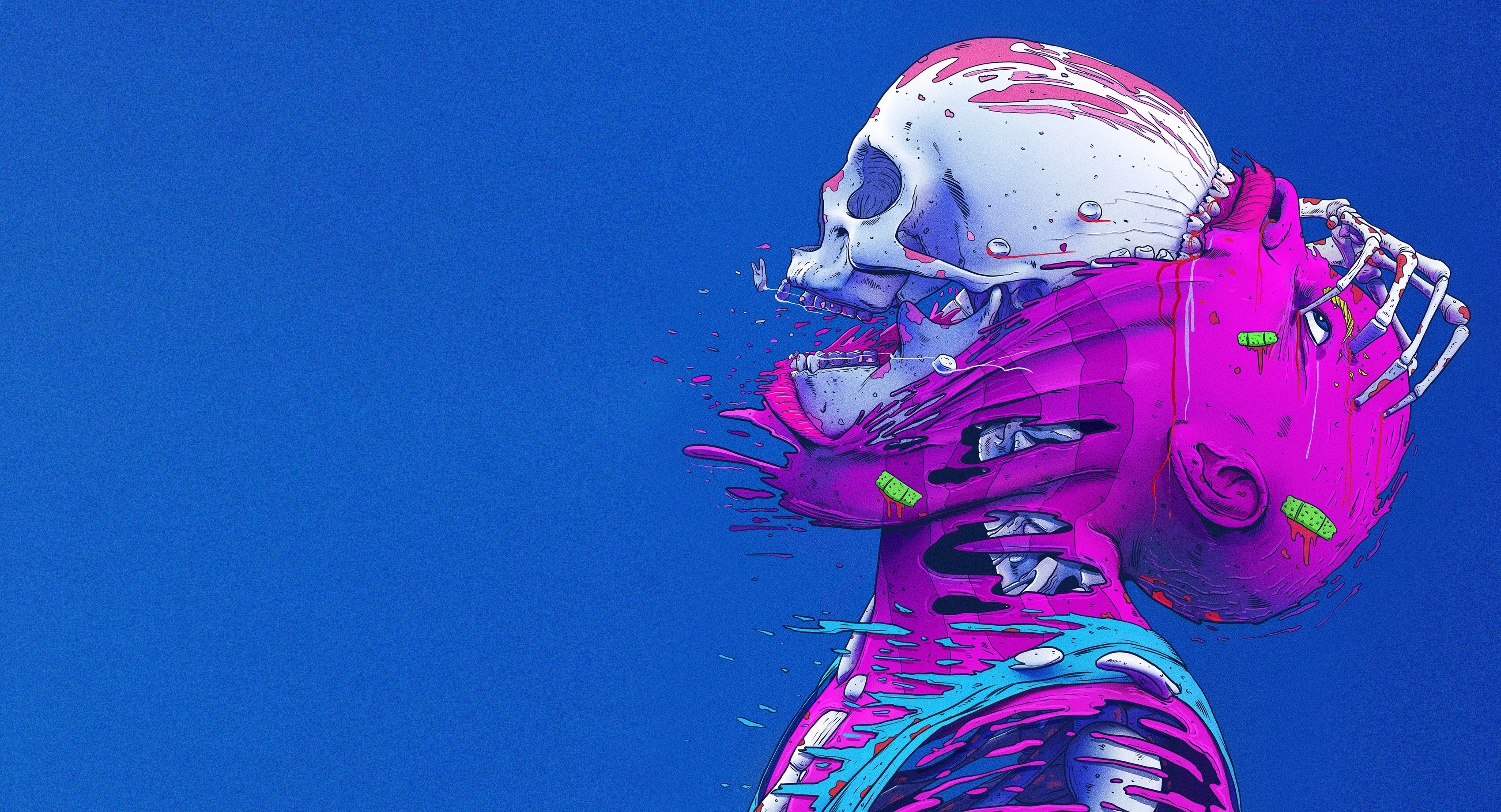 Blue Pink Skeleton Skull Bones Illustration Surreal Creepy Decay Nick Sullo 3400x1840