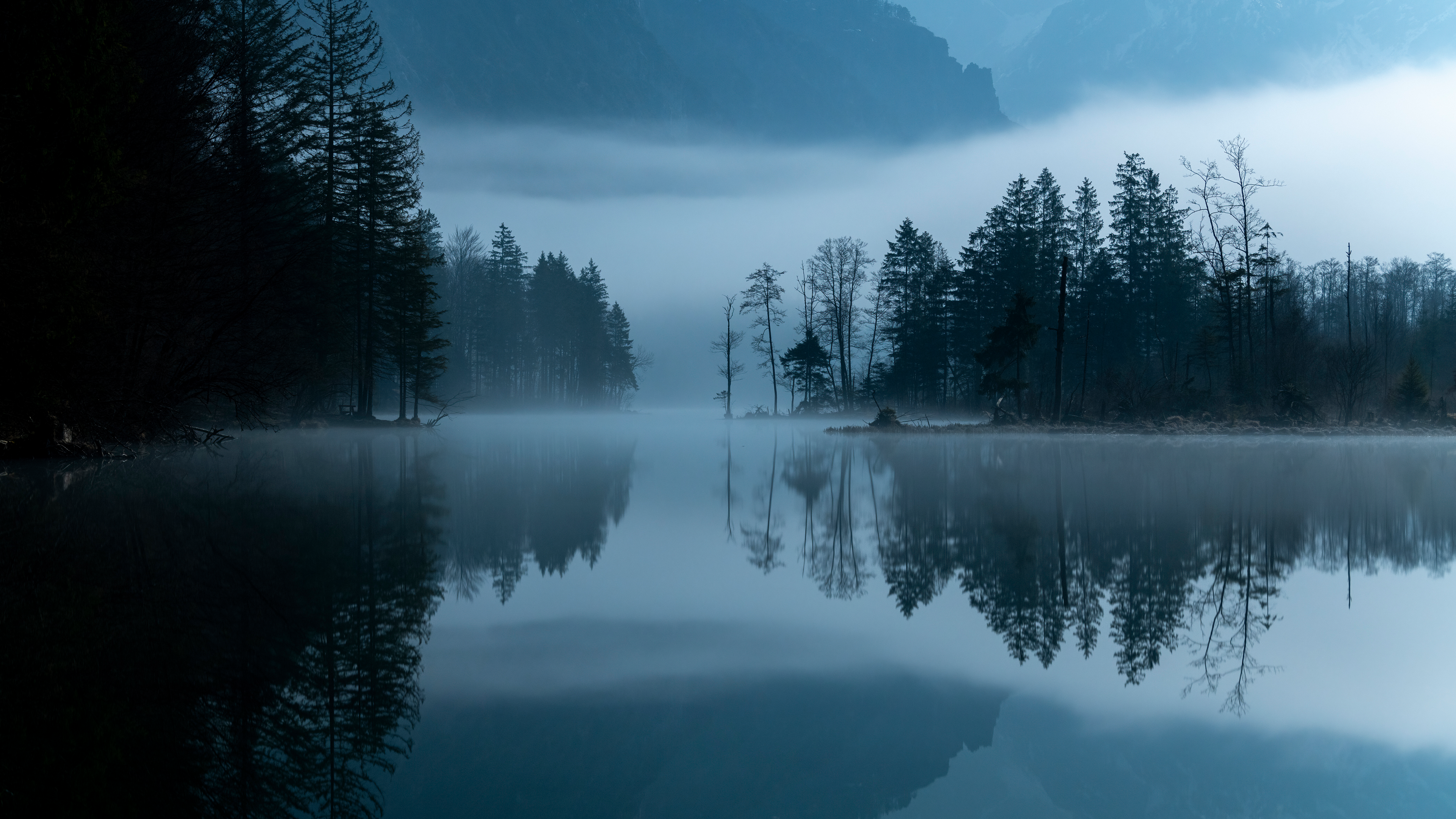 Nature Landscape Trees Mountains River Water Reflection Long Exposure Mist Dark 3840x2160