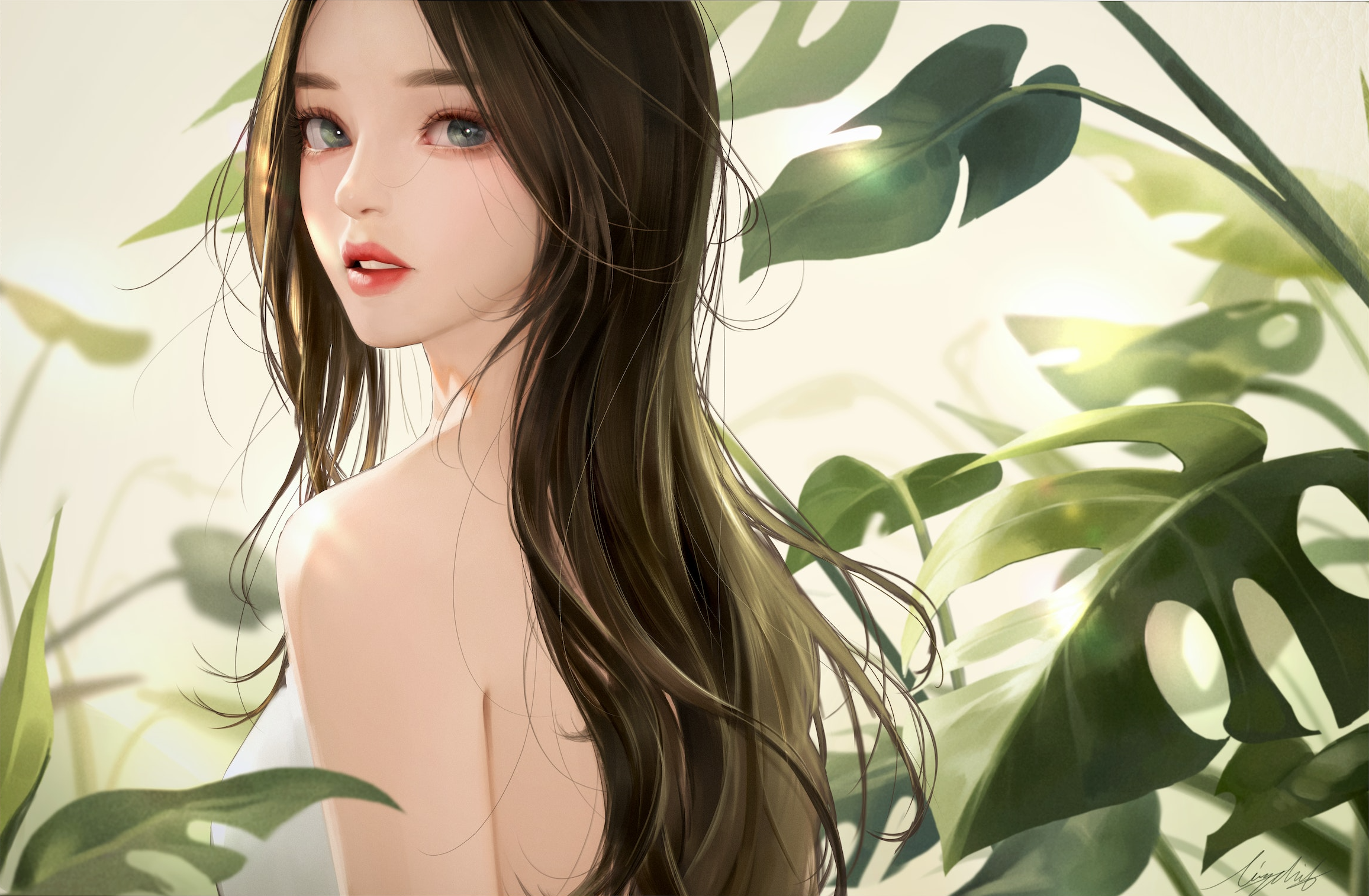 Digital Art Artwork Illustration Women Asian Anime Anime Girls Plants Portrait Looking At Viewer Lon 2313x1515