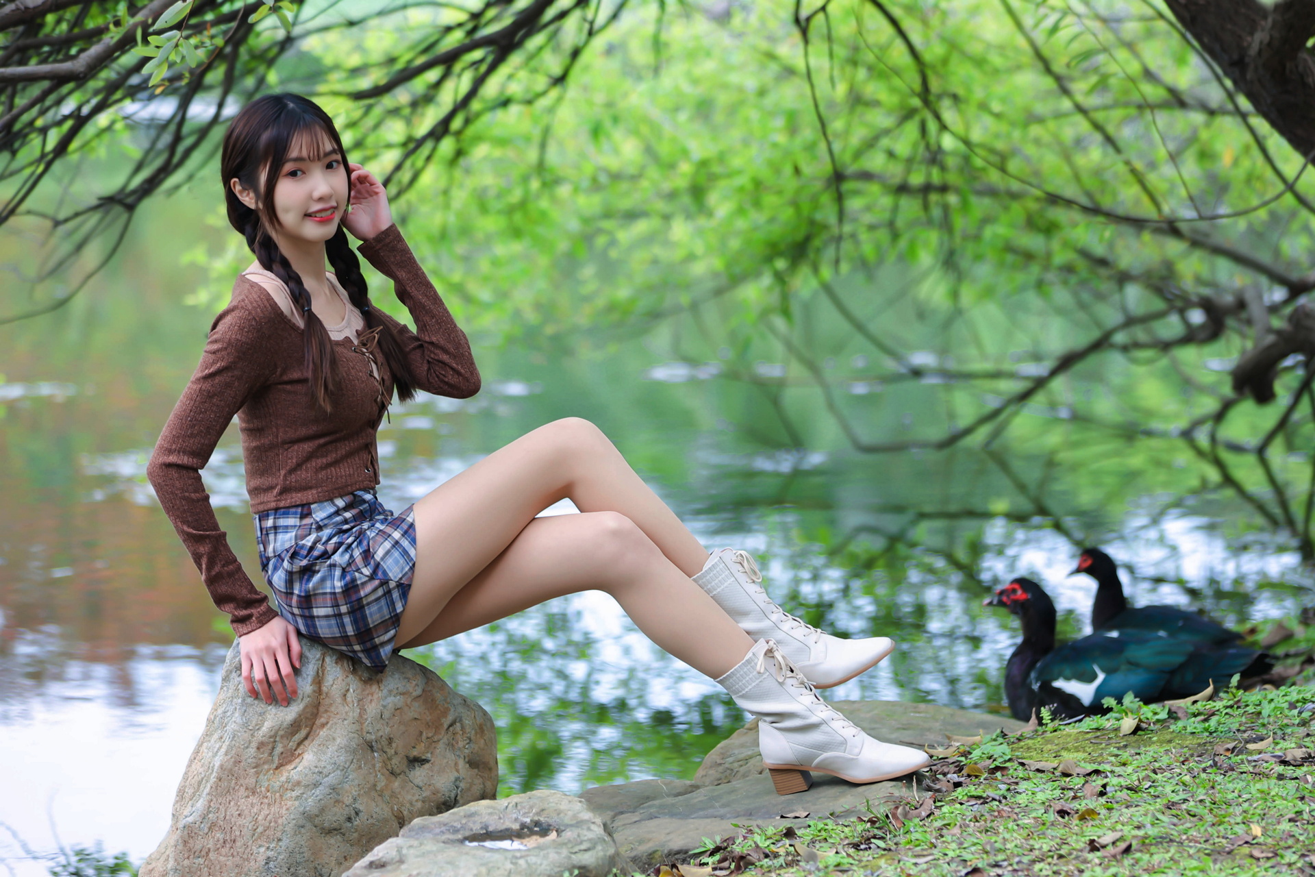 Asian Model Women Dark Hair Sitting Braids Twintails Duck Depth Of Field Stones Trees Lake Pullover 1920x1280