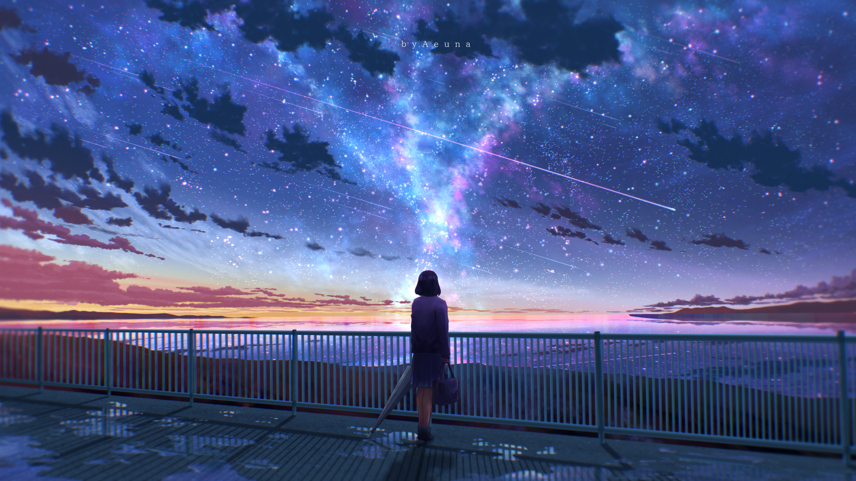 Artwork Digital Art Illustration Night Scenery Stars Sky Iron Railing Anime Girls Bag Umbrella Skirt 2880x1620