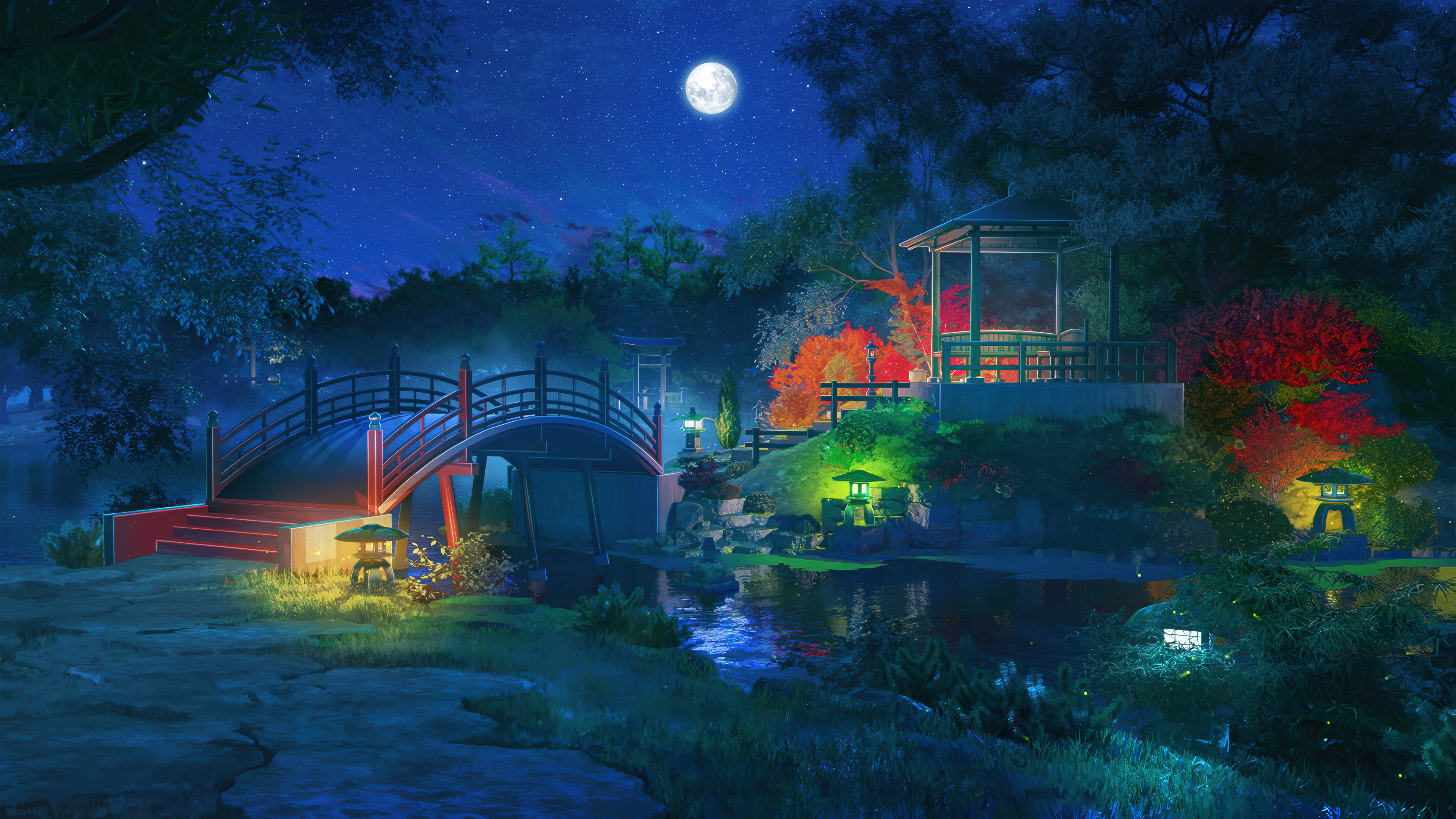 Digital Art Artwork Illustration Night Nightscape Moon Stars Starred Sky Bridge Forest Nature River  3840x2160