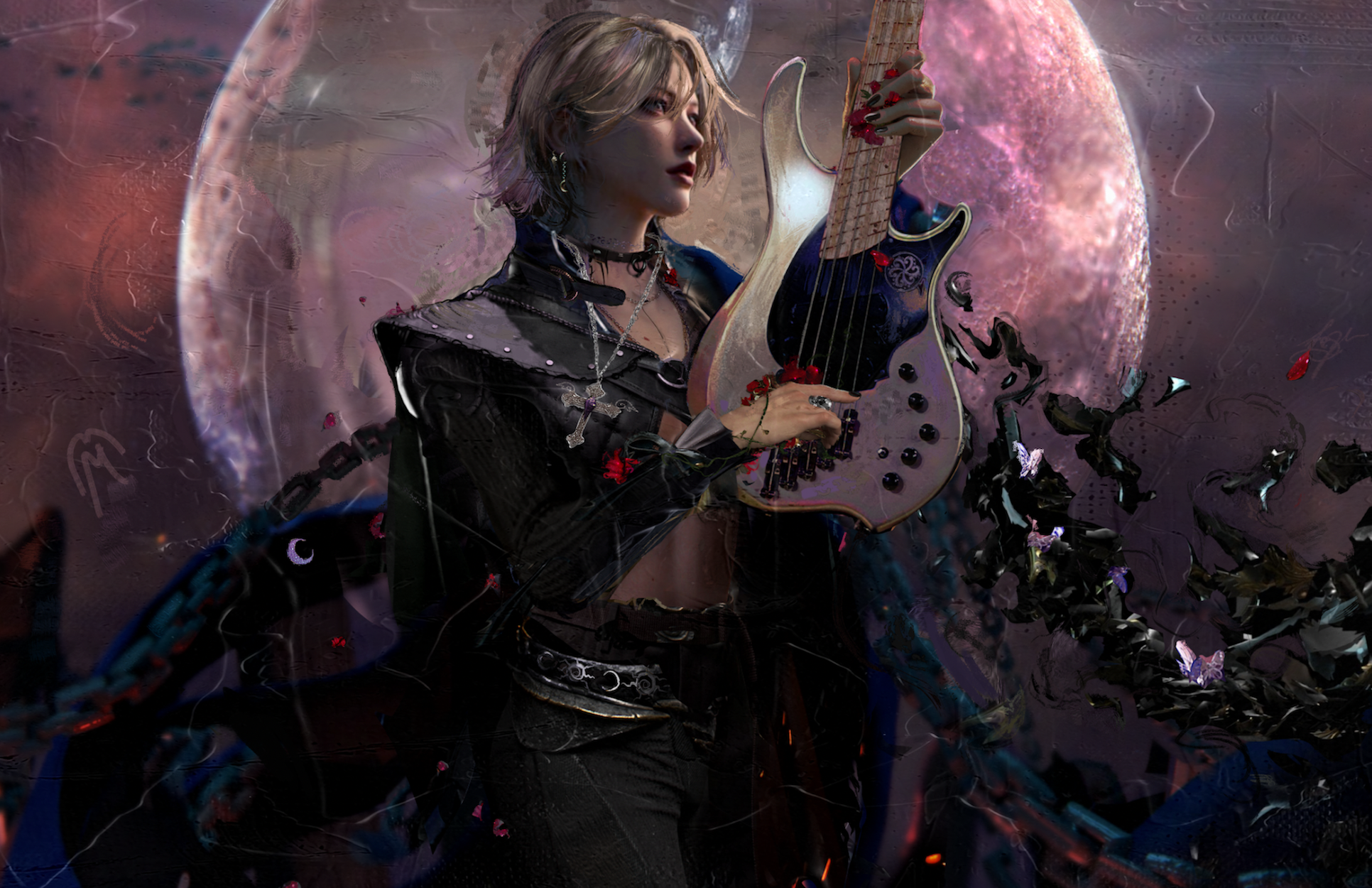 Bass Guitars Kizu Band J Rock Visual Kei Metal Band Digital Art Painting Drawing Illustration Musici 1932x1250