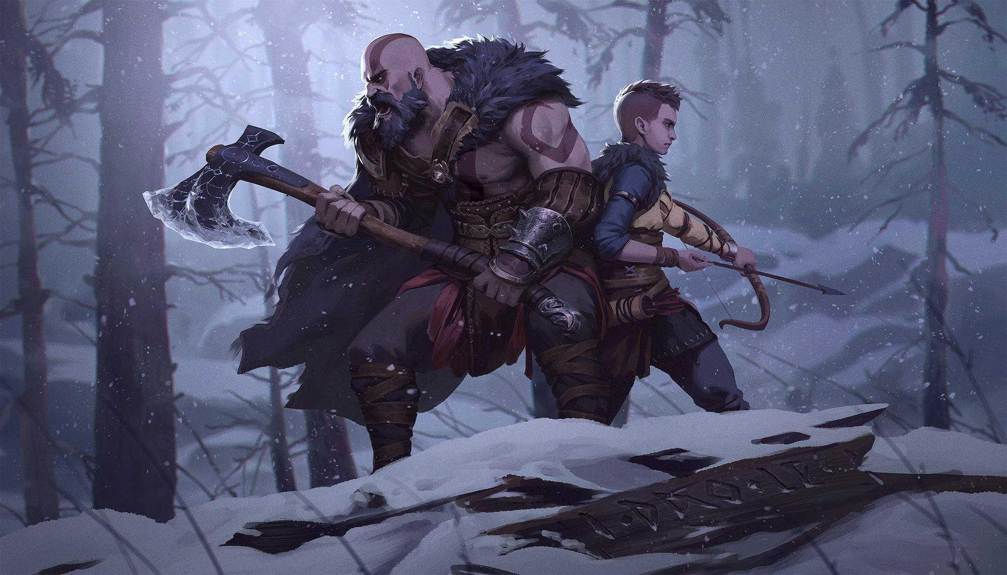 Dao Trong Le Digital Art Artwork Illustration Digital Painting Kratos Atreus God Of War Axes Bow Sno 2000x1143