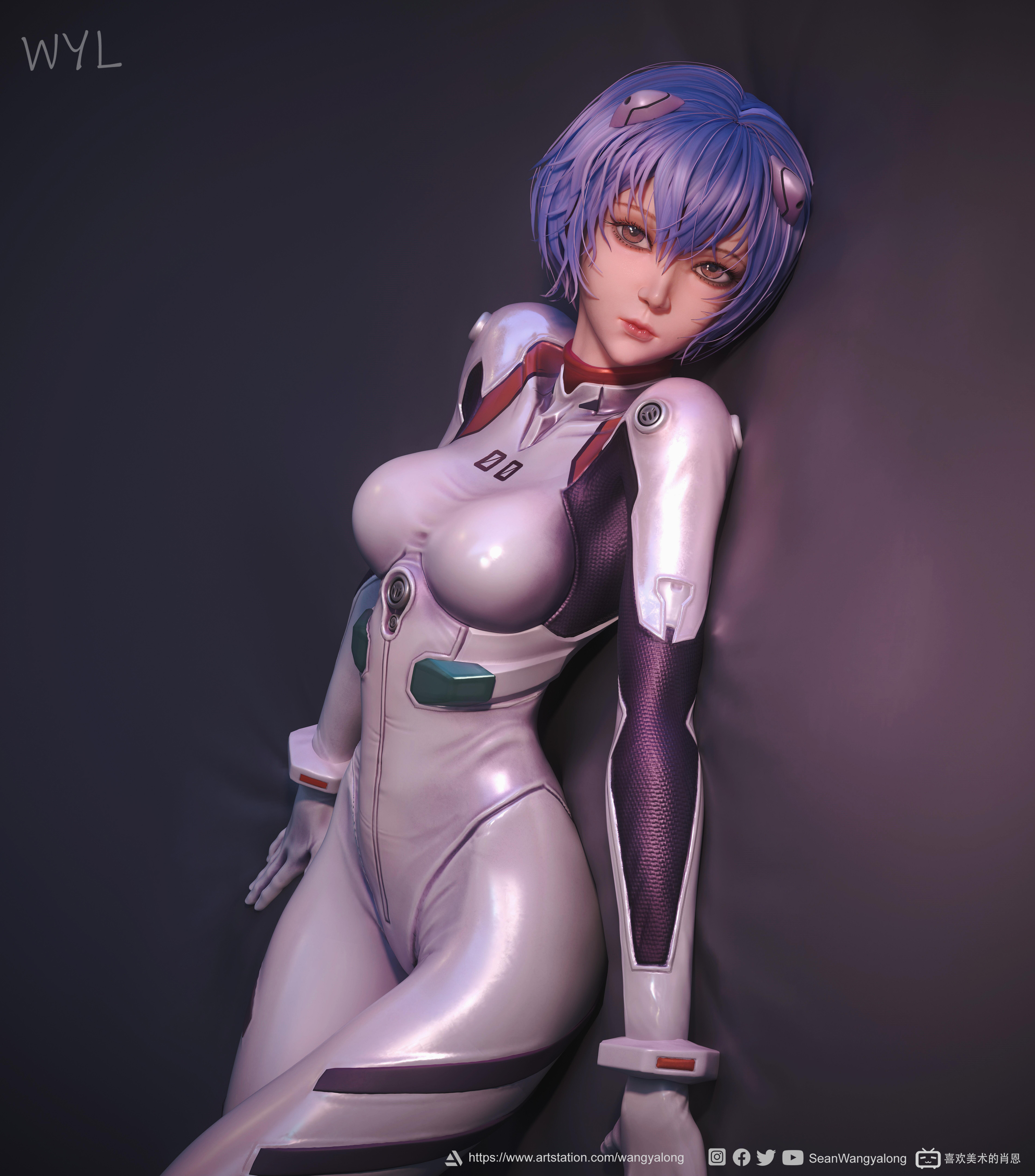 Ayanami Rei CGi Neon Genesis Evangelion Bodysuit Blue Hair Bob Hairstyle 3840x4365