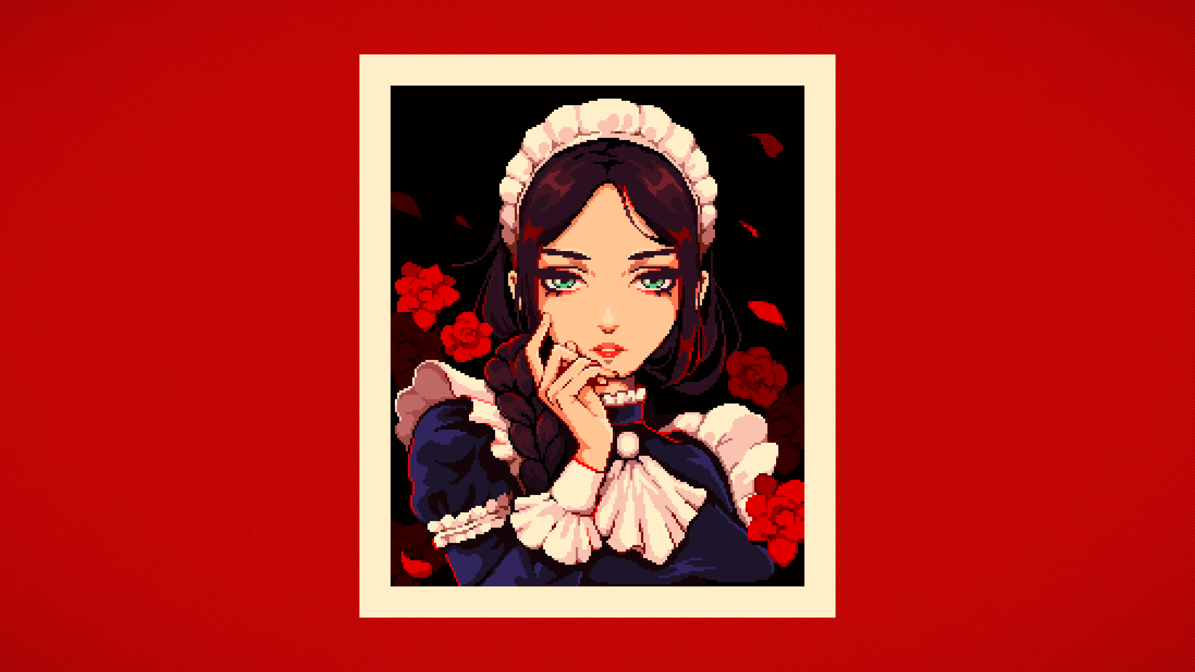 Maid Pixel Art Frills Flowers Petals Frame Red Background Brunette Simple Background Green Eyes Rose 3840x2160