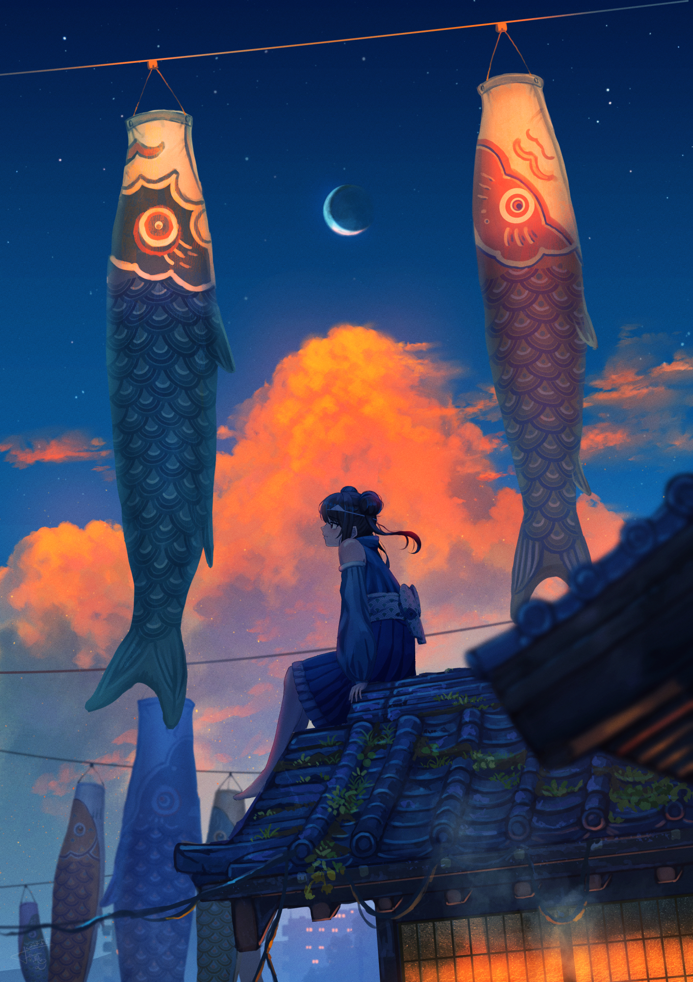 Shuu Illust Crescent Moon Portrait Display Cumulus Looking Away Rooftops Starry Night Starred Sky Su 1412x2000