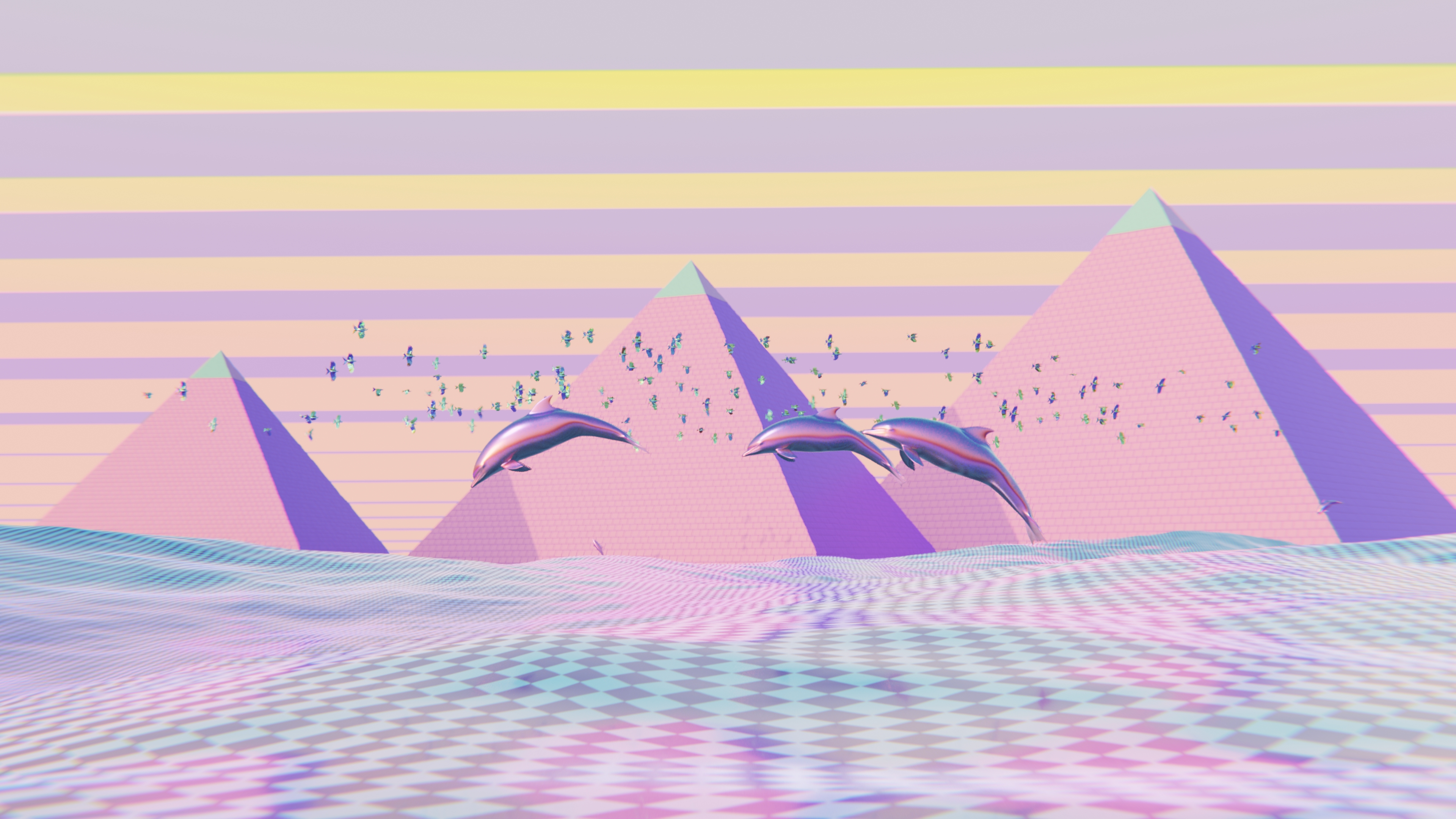 Vaporwave Checkered Pattern Pastel Pink Dolphin Pyramid Pastel Surreal Flock Of Birds 3840x2160